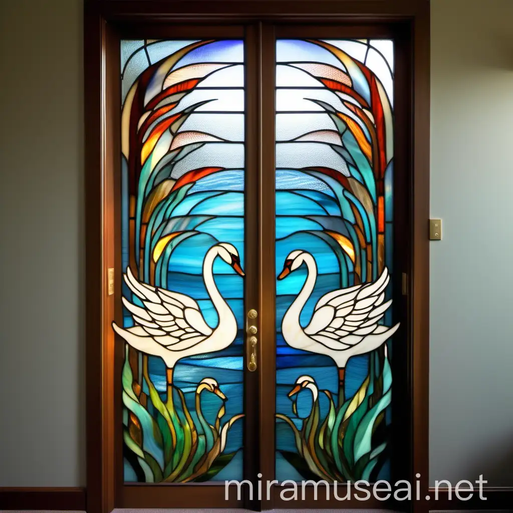 Abstract Tiffany Stained Glass Bedroom Door with Swans