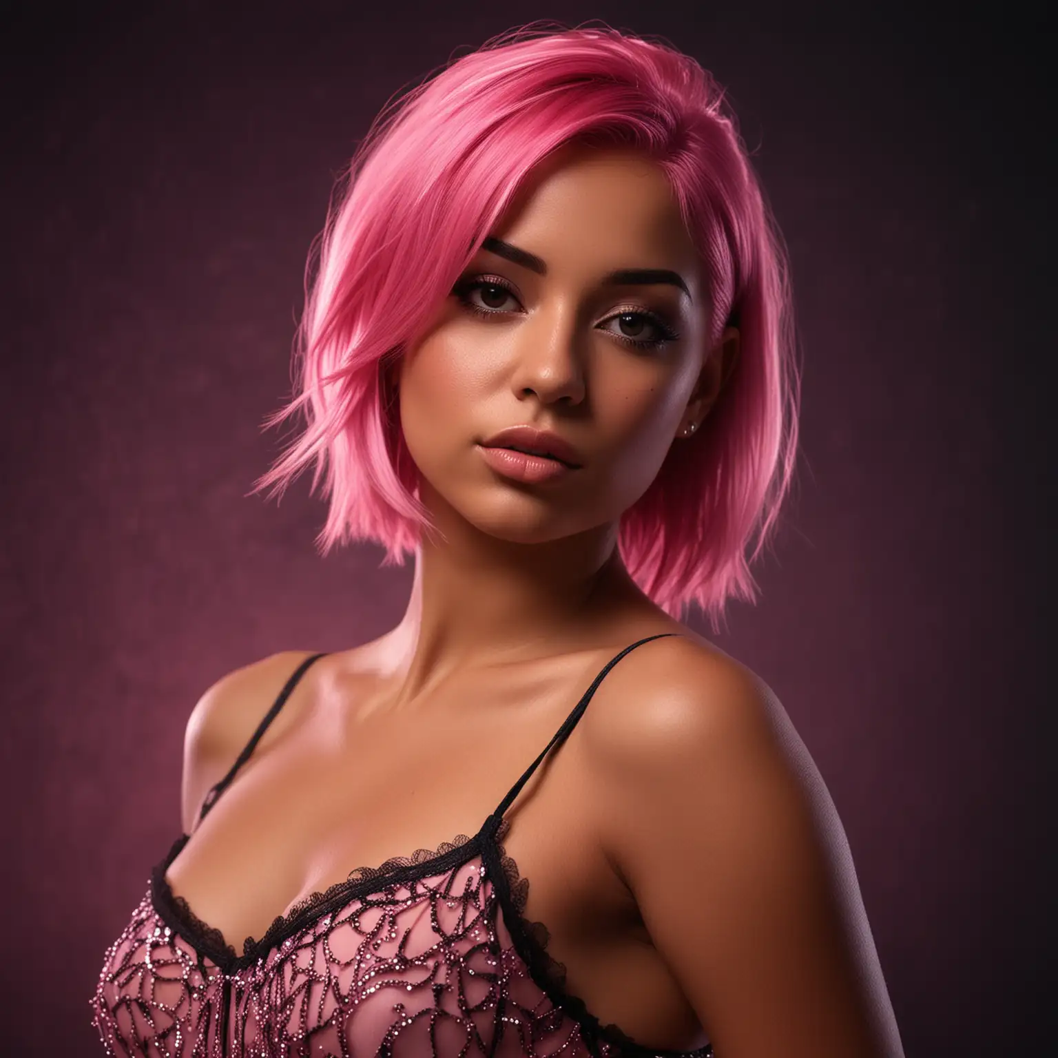 ULTRA REALISTIC high definition, CURVY SEDUCTIVE TAN SKIN LATIN WOMAN, WITH pink hair HIGHLIGHTS, WEARING A SMALL pink dress on a dark smokey background with neon cinematic lighting