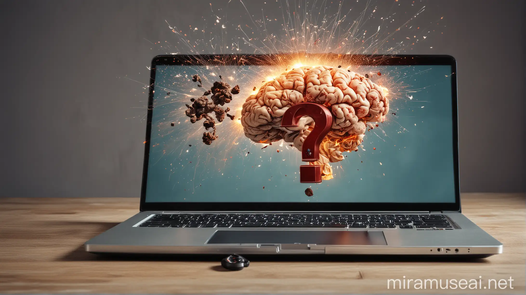 there is a laptop on the desk in the office, the laptop shows a question mark and an exploding brain