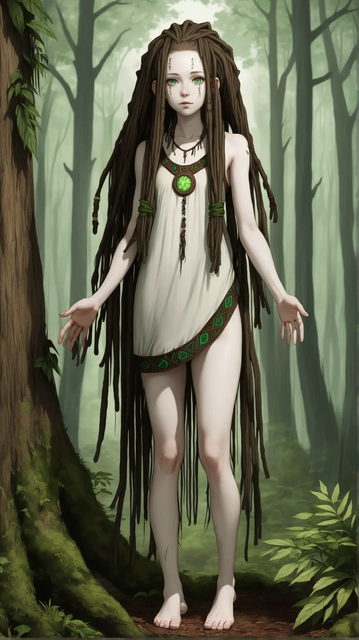 20 year old druid woman, (brown hair), pale white skin, very cute round face, (dreadlocks:1.4),  green eyes, masterpiece,  standing outside in the forest, full body, bare feet, bare legs