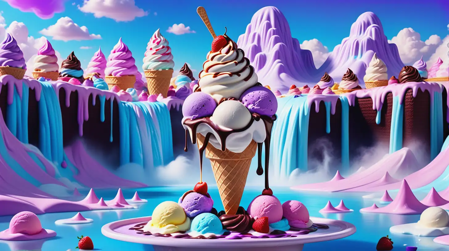 Whimsical Ice Cream Wonderland Sundae Delight with Magical Cake and River