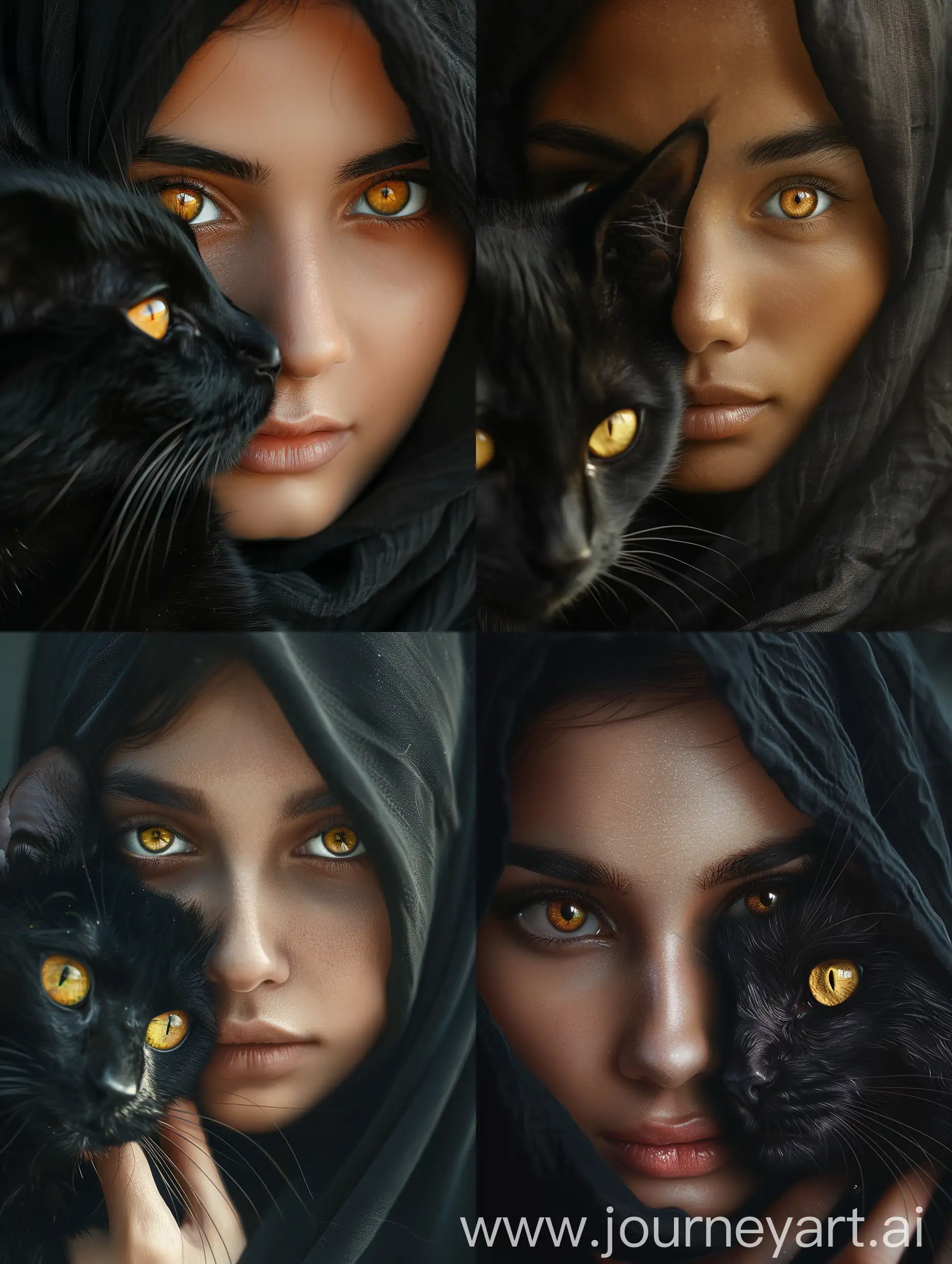 Intimate-Portrait-of-a-Young-Woman-in-Hijab-Holding-a-Striking-Black-Cat