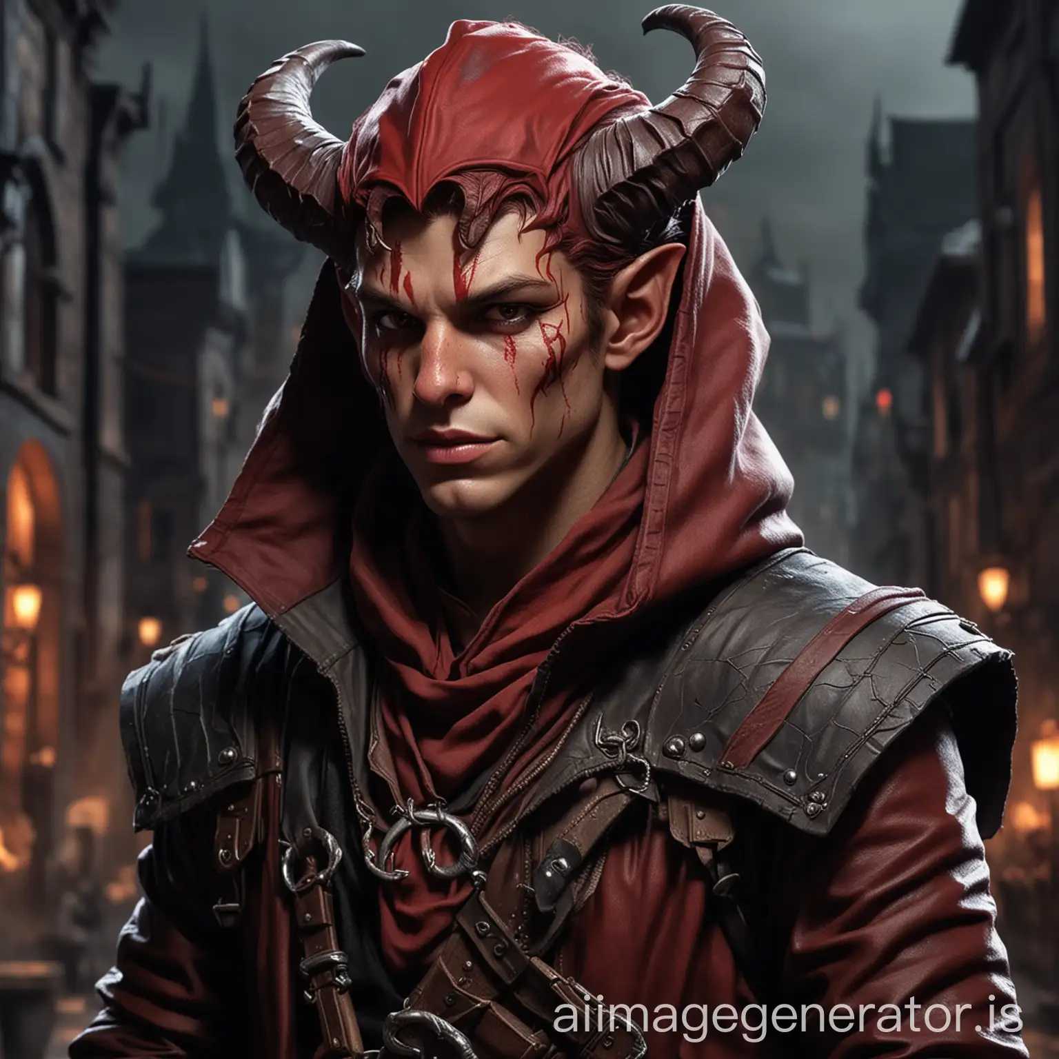 Short Young Male Tiefling Rogue for DND with red skin and dark city background wearing a hood, made less threatening