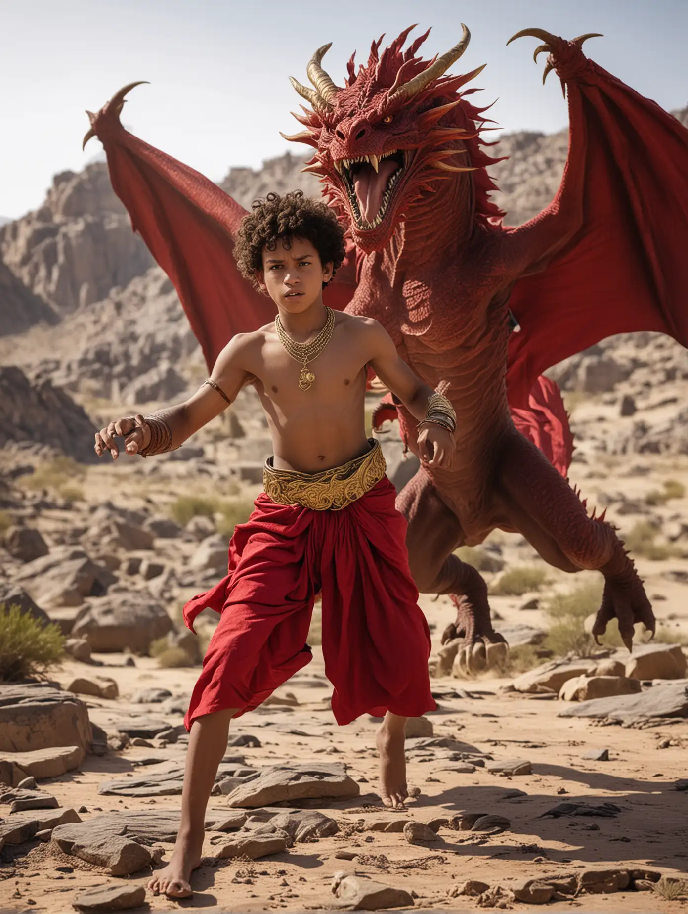 Brave-Teenage-Warrior-Battles-Giant-Red-Dragon-in-Desert-Landscape