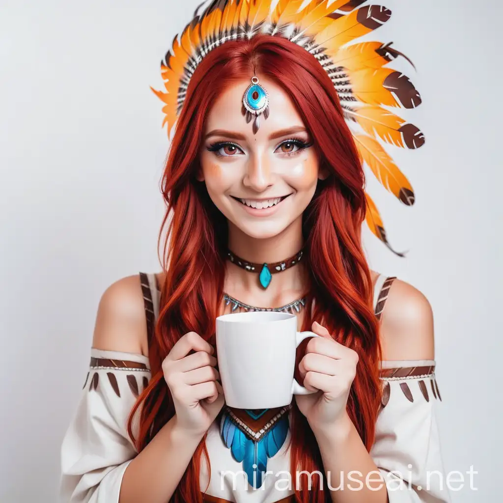 beautiful redhead with light makeup girl cosplay Charoki Indian with feathers smiling with a square white mug on a white background