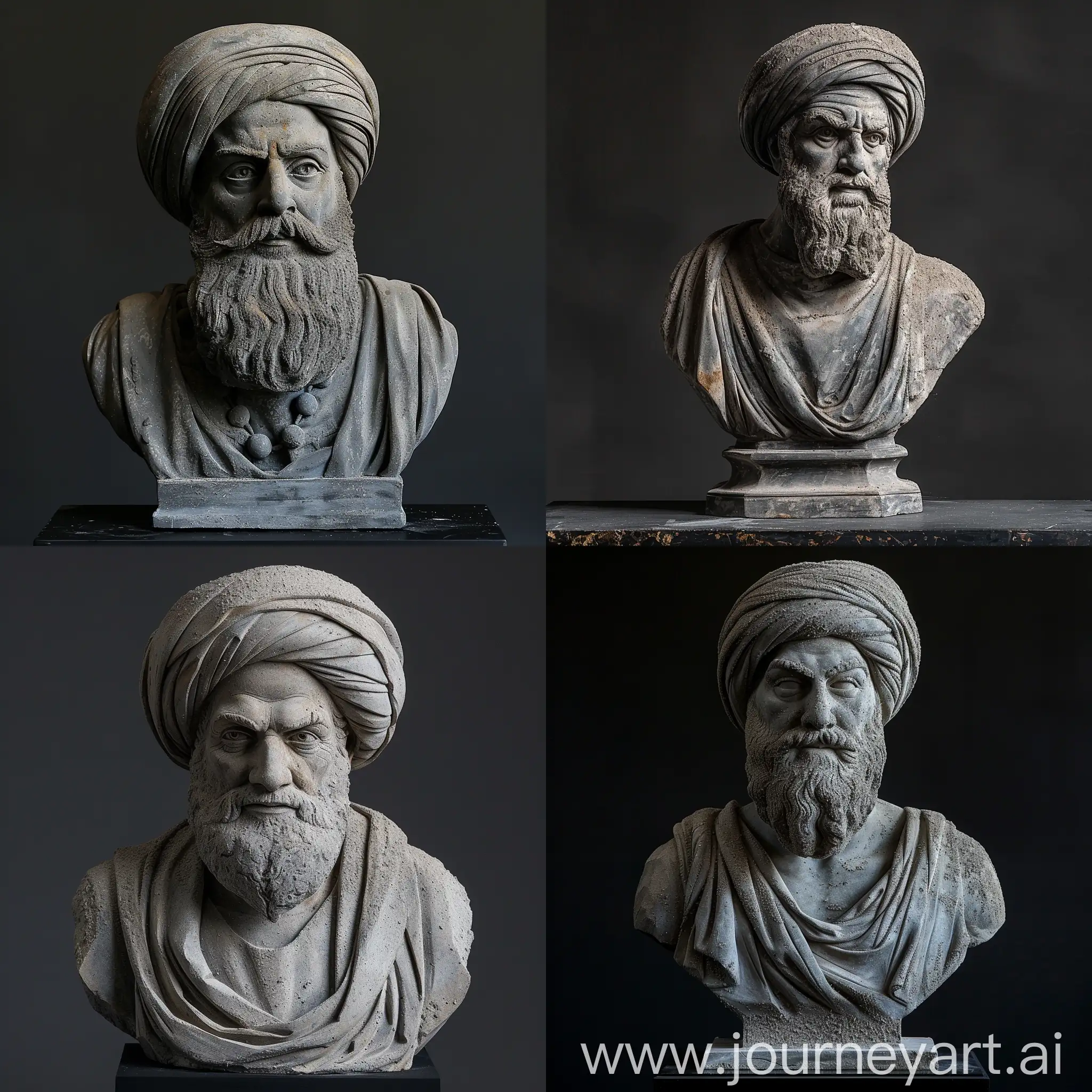 A Dusted Plaster Sculpture of Persian Philosopher, Bust Style, Black Background, Minimalism Art, Long Shot, High Precision --s 350 --v 6.0