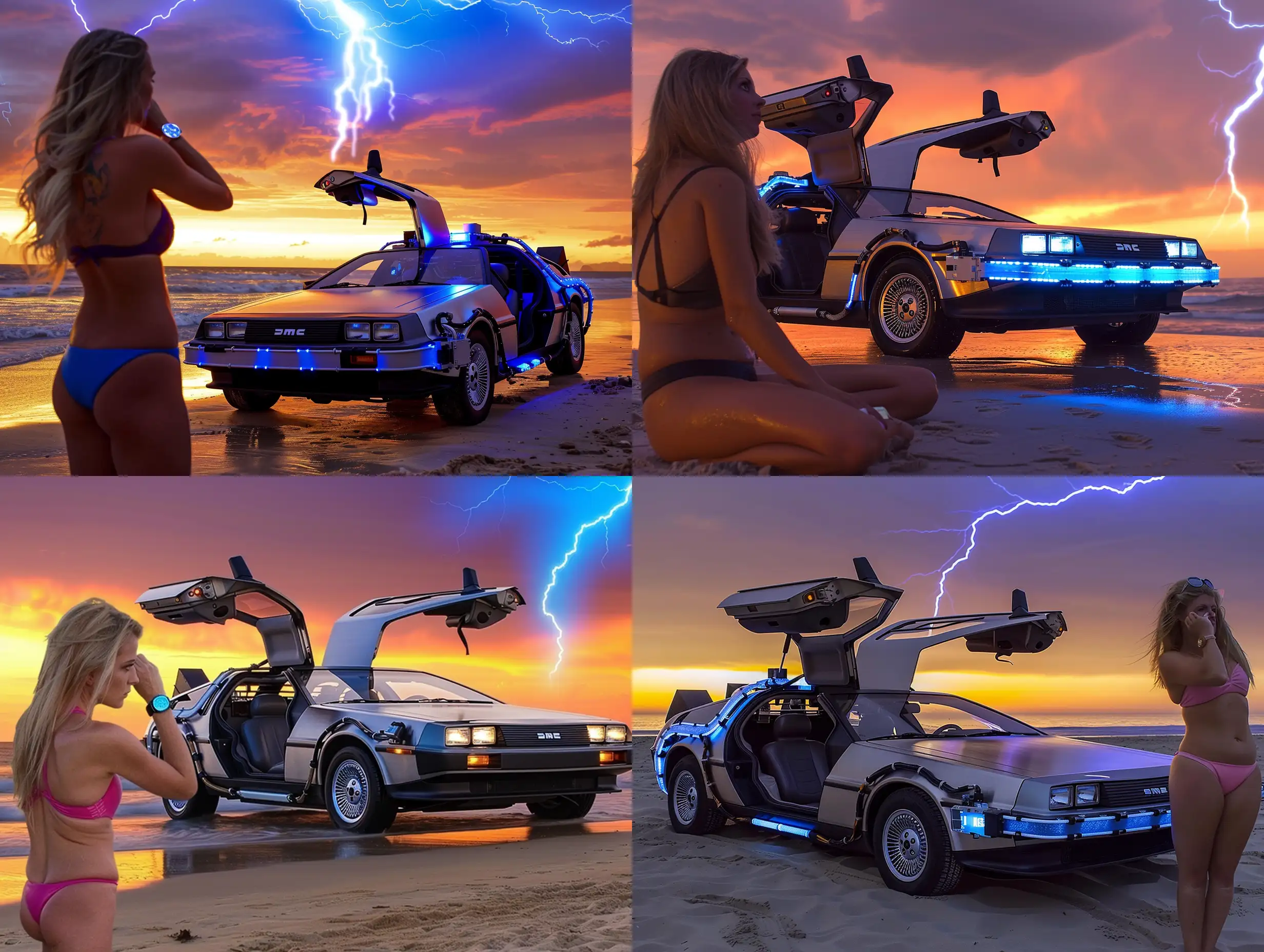 Back to the future delorean on beach at vibrant sunset with blue lightning in sky and blonde in bikini in foreground looking at her watch