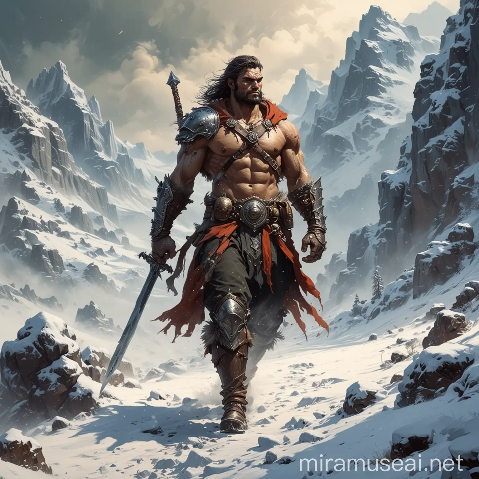 Medieval Warrior Walking in Snowy Mountain Fantastic Style Illustration