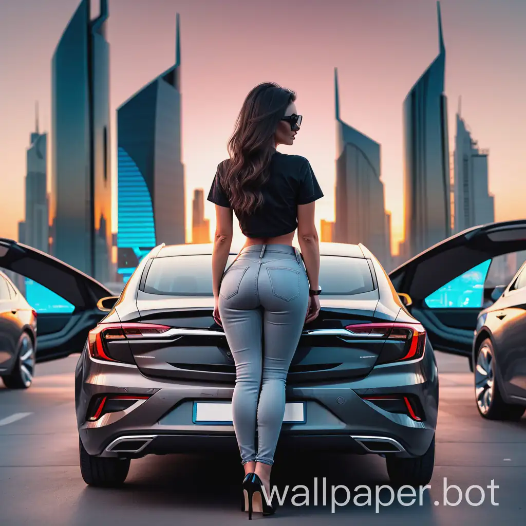 fuller shape woman with long darkbrown hair visible from the back (her face isn't visible), wearing black t-shirt with cleavage, jeans and high heels standing on the right side of a grey opel insignia grandsport car. background is a futuristic city at sunset, synthwave style
