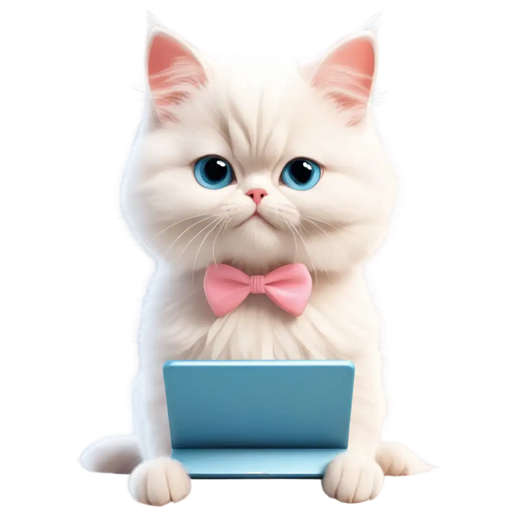 Adorable-Fluffy-White-Persian-Kitten-PNG-Illustration-Typing-with-Tablet