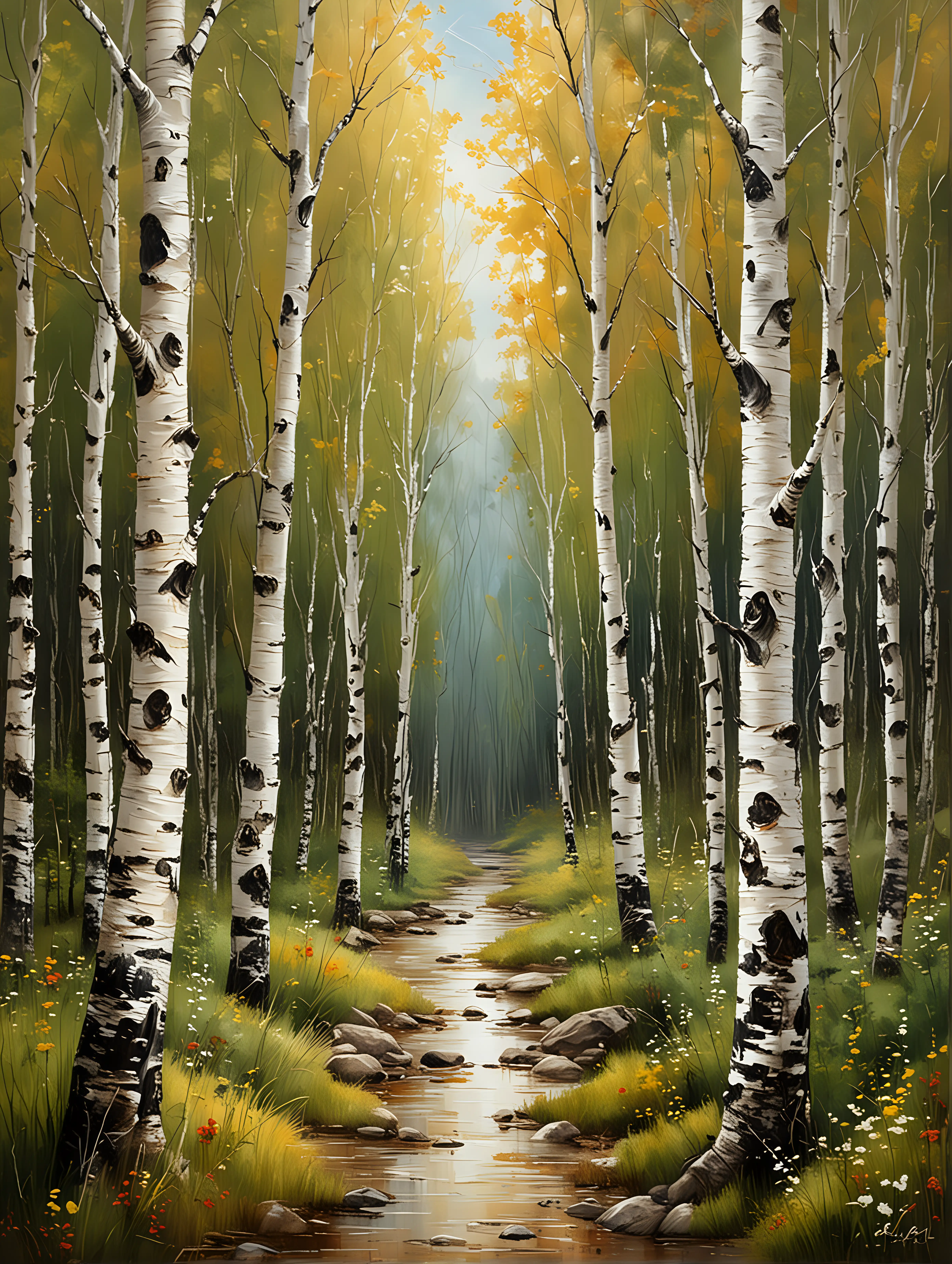 Serene Birch Tree Forest Landscape Painting