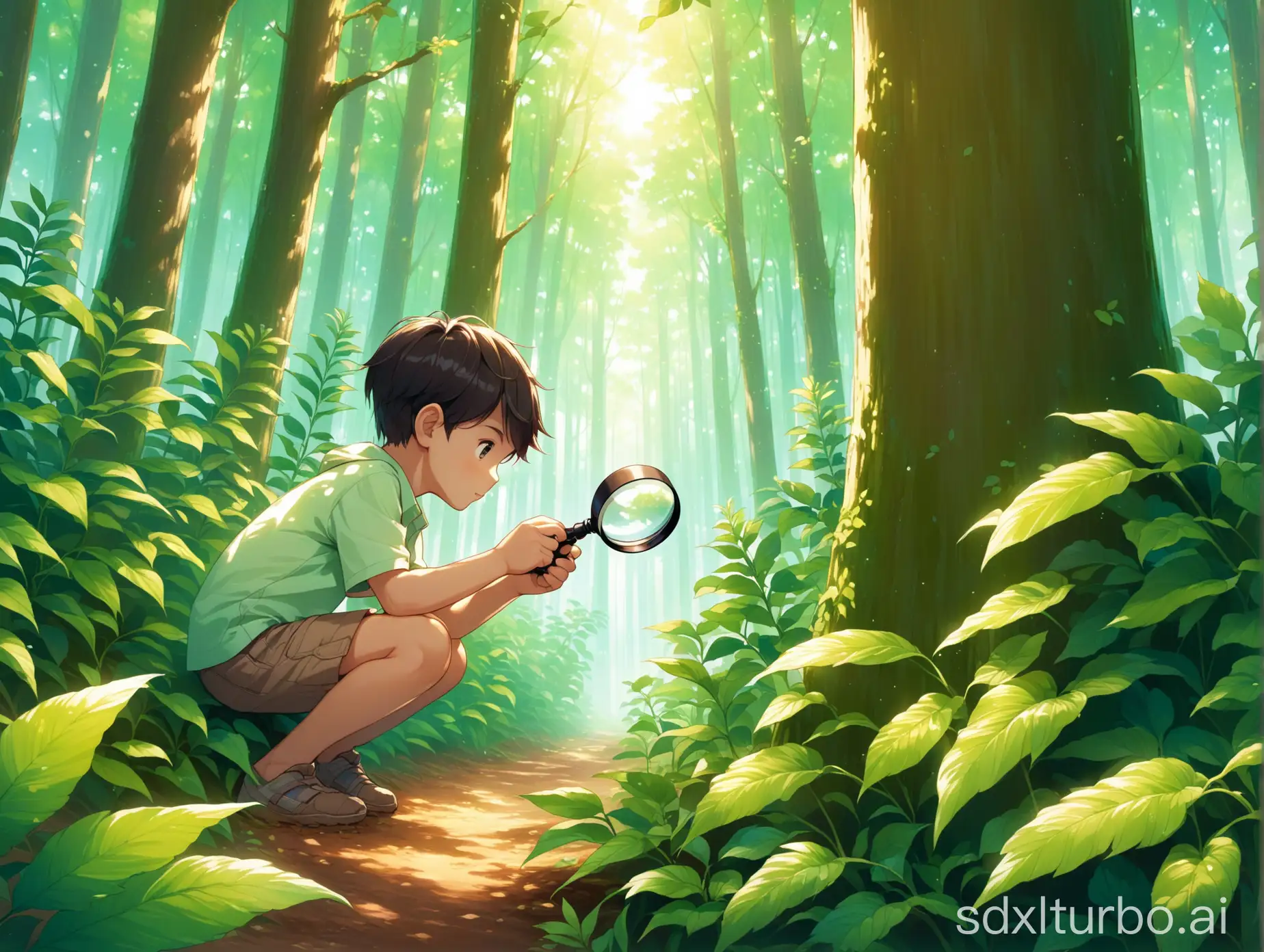 A photo of a forest, with a young boy holding a magnifying glass observing plants.