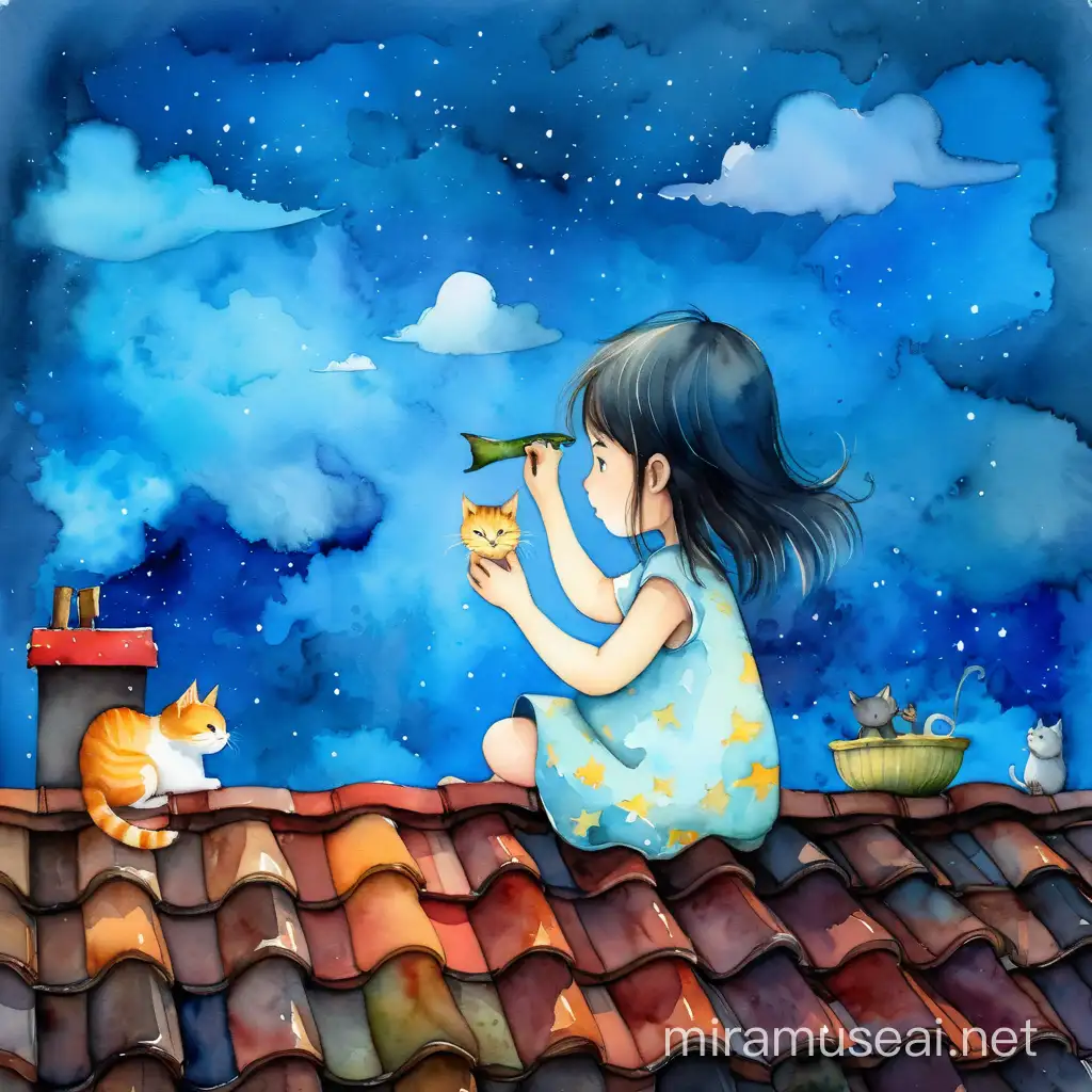Whimsical Watercolor Scene Girl and Cat on House Roof with Animal Clouds