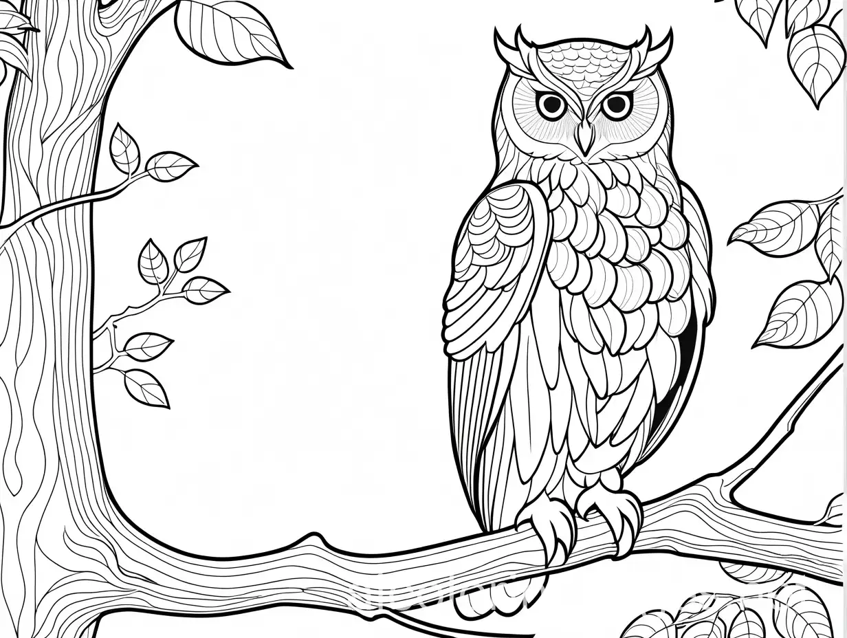 Owl full body on the tree, Coloring Page, black and white, line art, white background, Simplicity, Ample White Space. The background of the coloring page is plain white to make it easy for young children to color within the lines. The outlines of all the subjects are easy to distinguish, making it simple for kids to color without too much difficulty