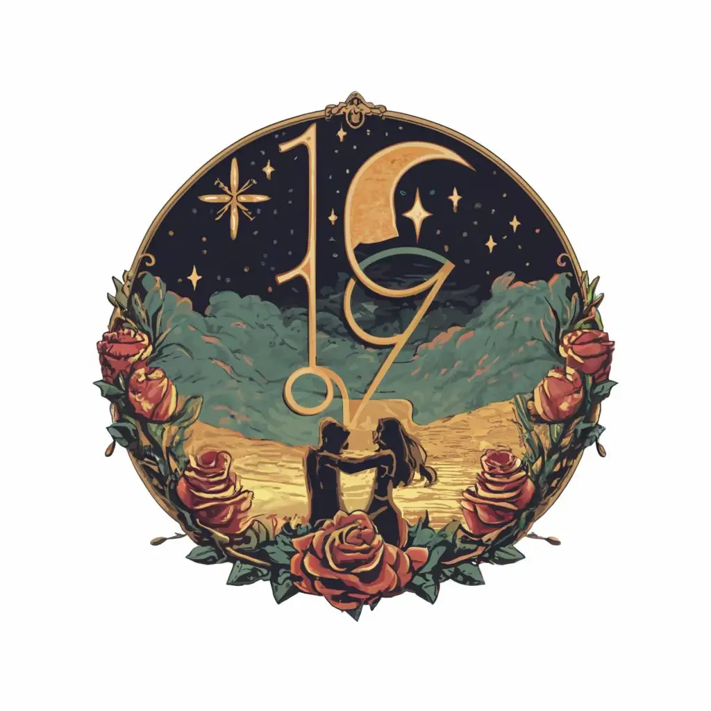 a logo design,with the text "17", main symbol:The sky is full of stars, moon and roses and Boy and girl in love,complex,clear background