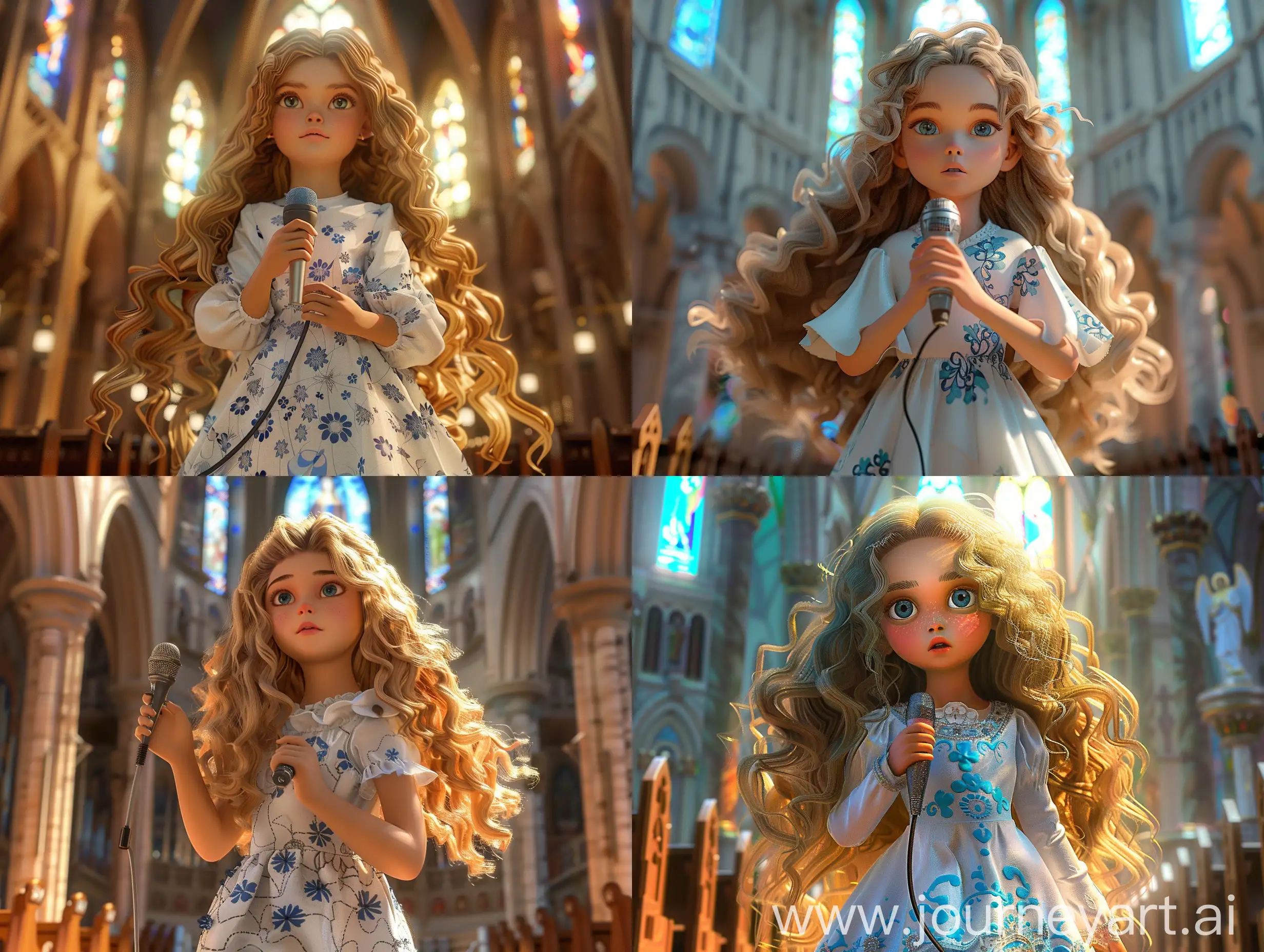 A captivating 3D Pixar-style illustration of a 9-year-old girl with cascading long, curly blonde hair. Adorned in a flowing white dress delicately patterned with vibrant blue flowers, she stands poised in the heart of a majestic church. Her small hands firmly grasp a handheld microphone as she gazes directly into the camera, her eyes radiating an unwavering determination. The warm, ethereal glow of the church's stained-glass windows bathes her face in a soft, celestial light, accentuating her serene expression and youthful beauty. Rendered in stunning 8K resolution, every detail of the scene comes alive, from the intricate details of the girl's dress to the intricate patterns of the stained-glass windows.