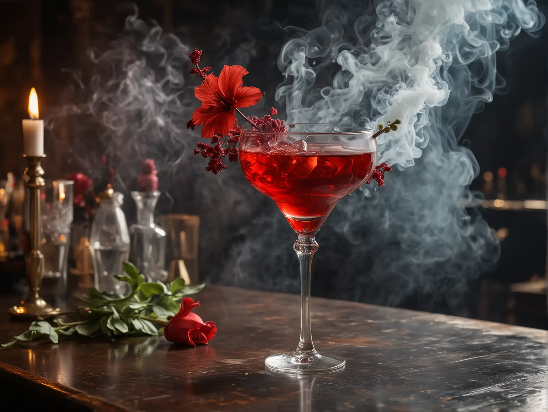 Magical-Bar-Counter-Red-Cocktail-with-Flower-Adornment-in-Smoke