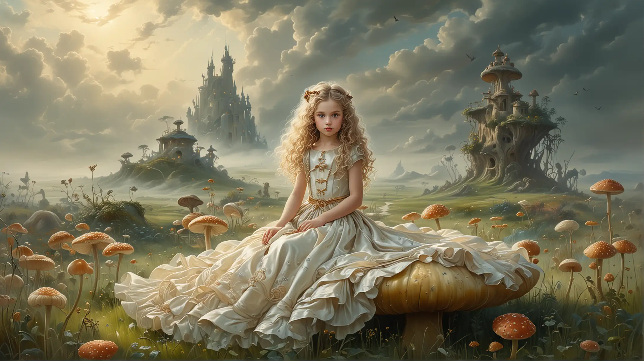 fantasy painting, in the style of salvador dalí, of a little girl with lots of very long curly hair, pale skin, wearing a haute couture dress with a ribbon belt, seating on top of a huge mushroom on a grass garden, it is early morning with a thick fog all around