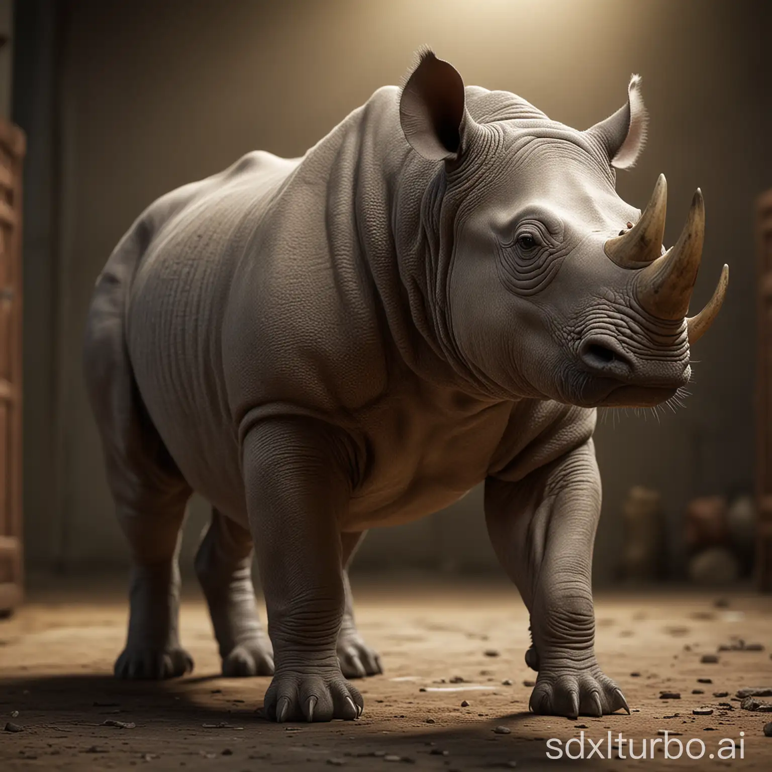 Make me a cat mixed with a rhinoceros in the same body,a cat that looks like a rhinoceros full body,high resolution,Cinematic,amazing,masterpiece,epic,Beautiful Lighting,insanely detailed and intricate,16k