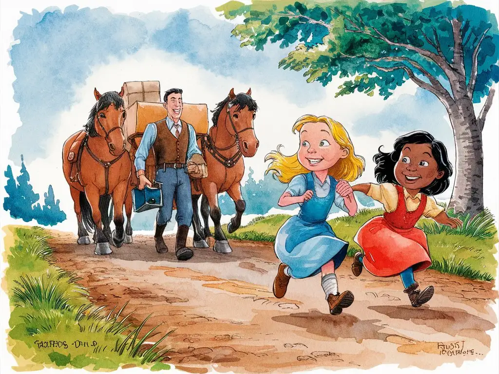((two girls, around ten year old, smiless, one blonde and the other brunette with black hair, happy for the arrival of a man with a dressed in long pants, a vest and his horses bringing a package)) a dirt road, blue sky, trees and bushes and green grasses, ,Disney pixar style, (watercolor style illustration for children's book illustration, Cartoon, Disney Pixar, magical realism, storybook illustration, a storybook illustration