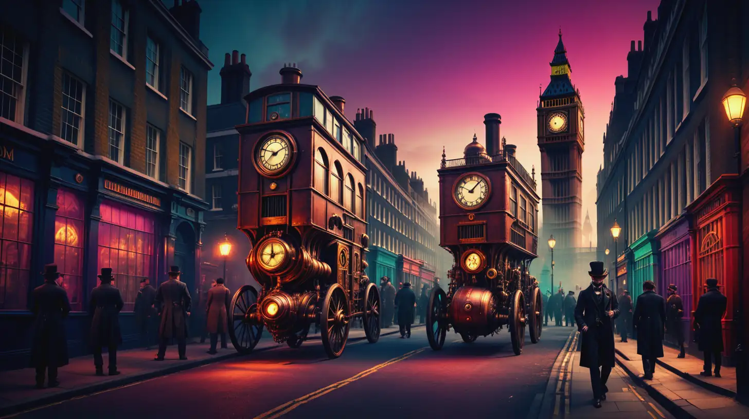 Steampunk London at twilight, cinematic lighting, photograhic quality, vibrant colors.