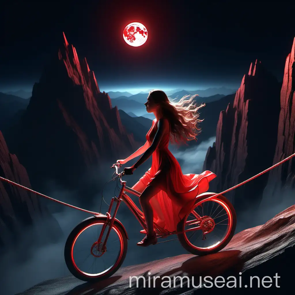 3D 8k minimal realstic illustrator minimal girl driving bike on the dangerous rope between two mountains glittering and shinning with her glassy light dress girl with long hair watching it at the midnight with red moon