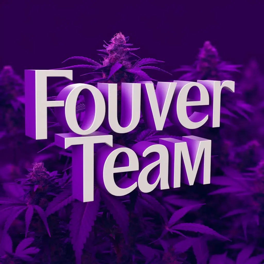 Нарисуй картинку в фиолетовом цвете 3д с надписью "FouVER Team" на фиолетовом фоне, фон растений конопли, текст белый, текст 3д, не корявый, текст стоит ровно под небольшим наклоном назад