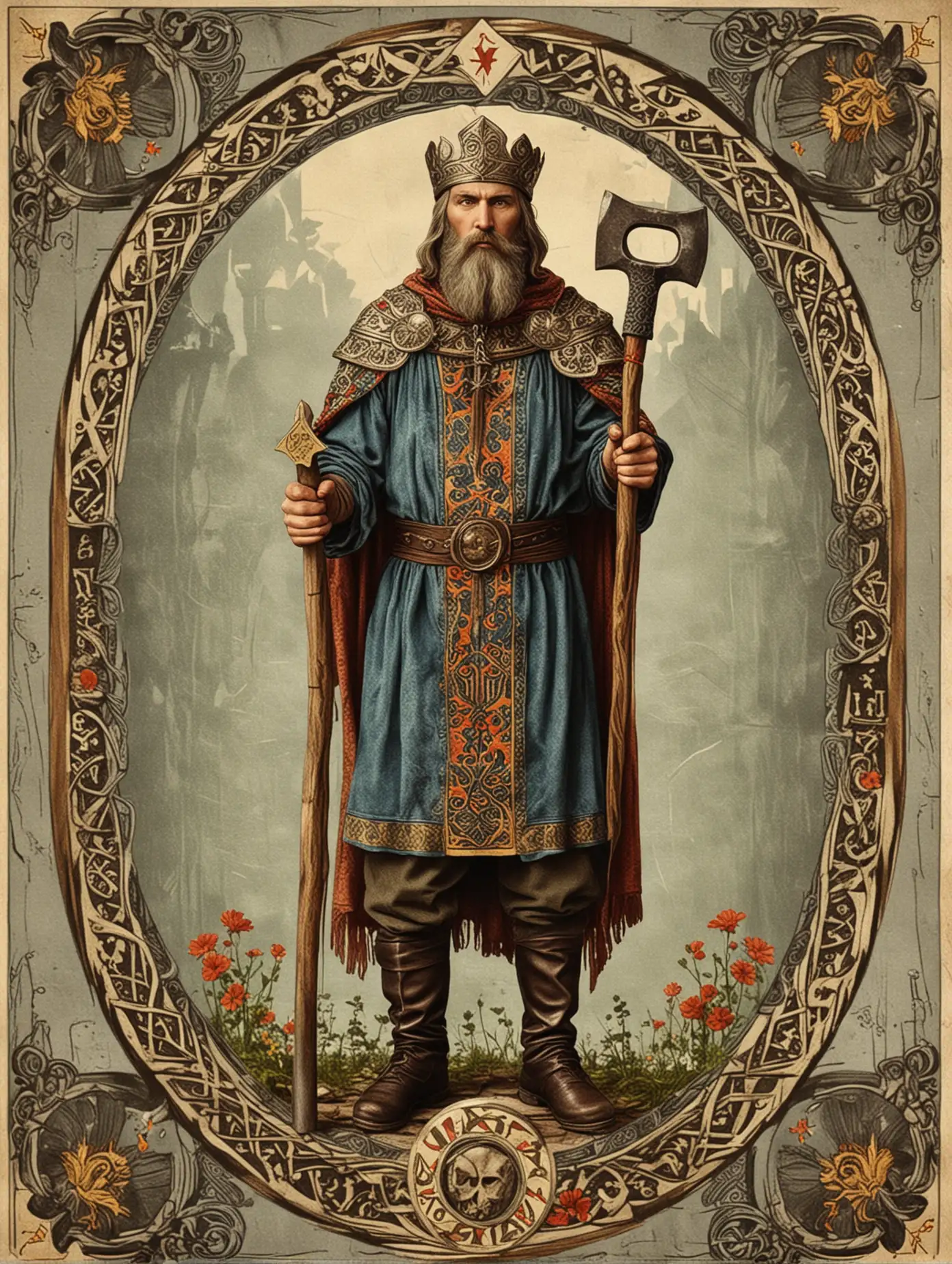 Slavic-Style-Tarot-Card-with-Symmetrical-Design-Featuring-a-Man-with-a-Hammer