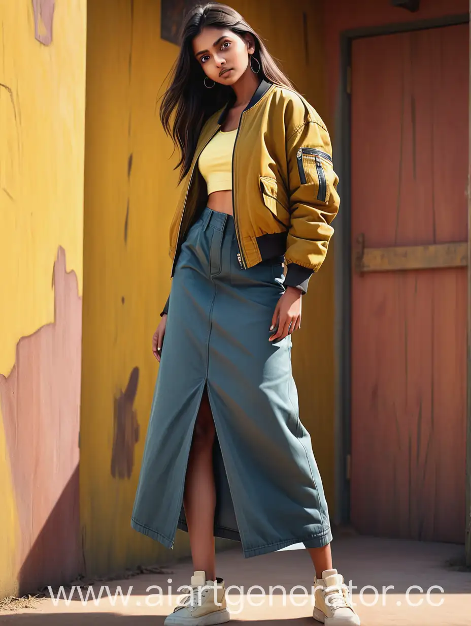 A full-length girl, a fashionable figure in a dynamic pose, in a long denim skirt, a marsh-colored bomber jacket with a length just below the waist, and a yellow top. with a creative Indian-style background