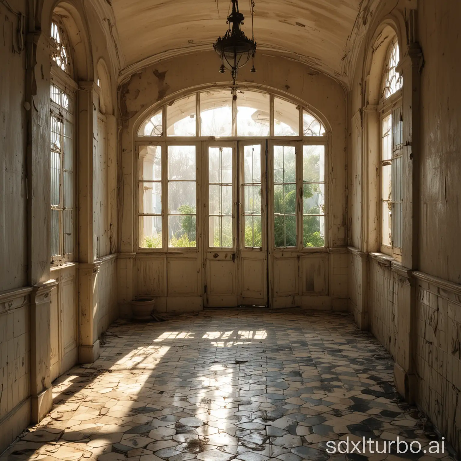 Abandoned-Crimean-Resthouse-Hallway-with-Sunlight-and-Greenhouse