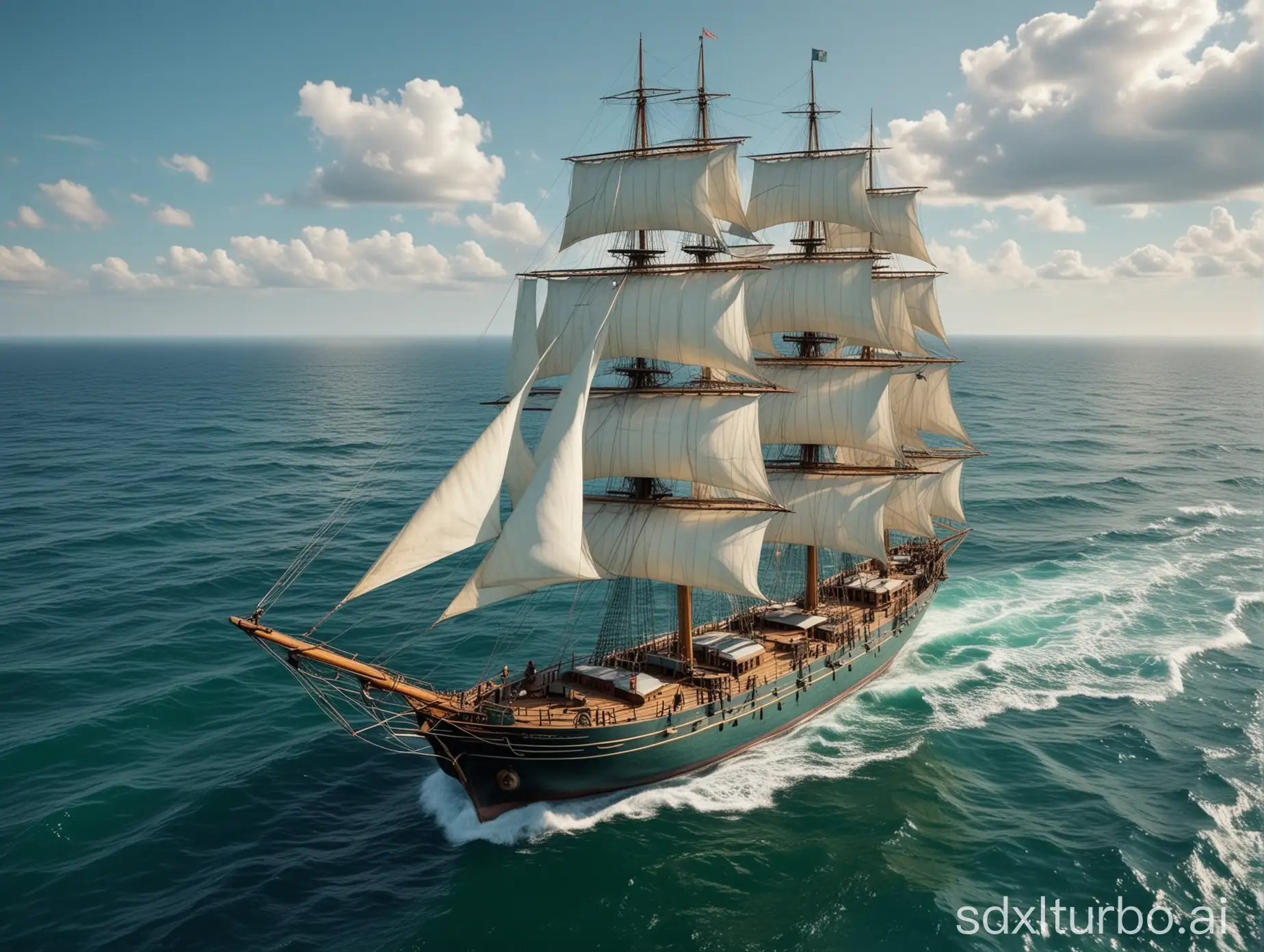 blue and green sea, bird's-eye view, magnificent old sailboat in full, billowing sails, 8k, hyper realistic, hyper detailed, beautiful weather