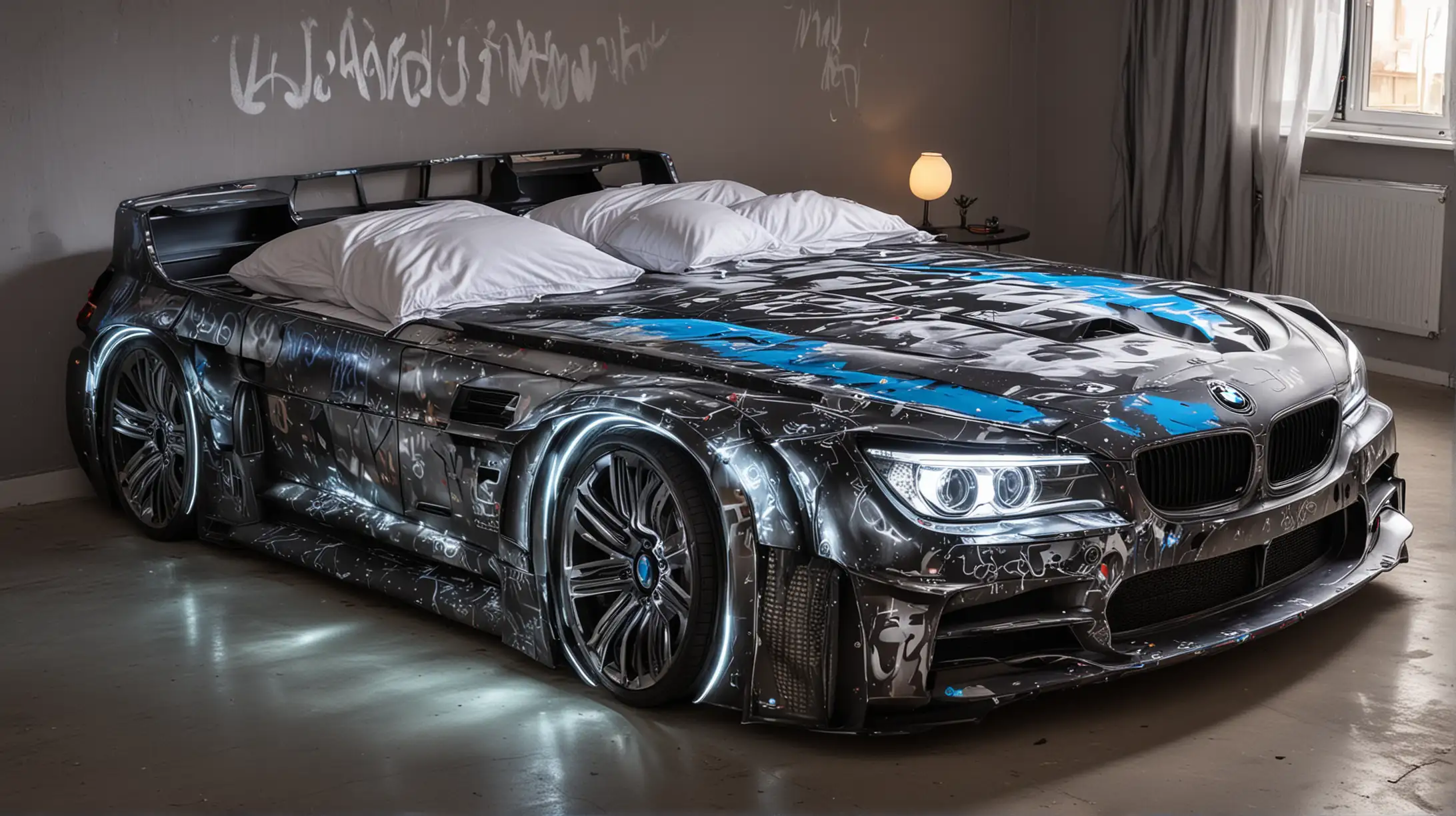 BMW CarShaped Double Bed with RGB Graffiti Illumination