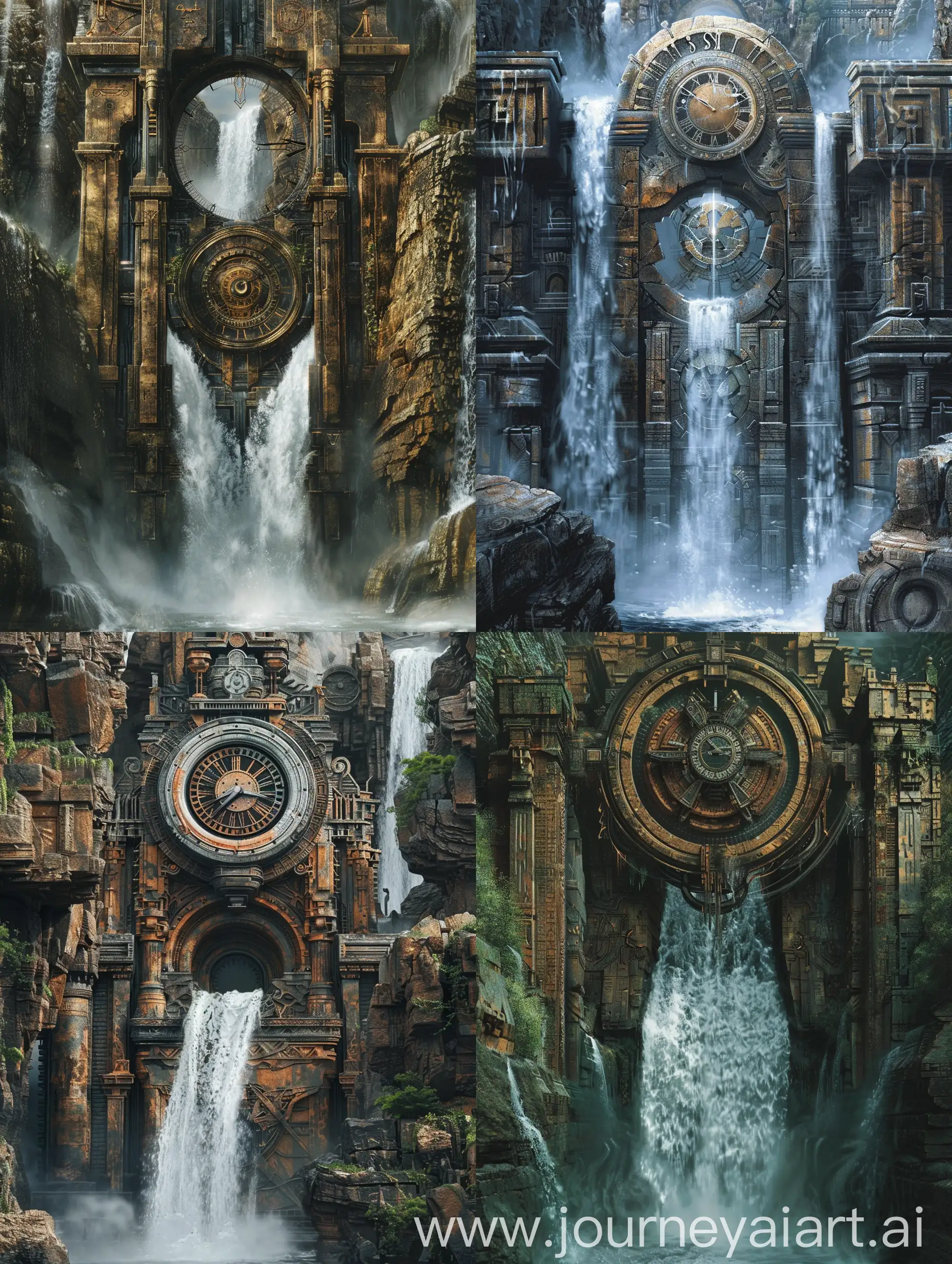 Mystical-Waterfall-with-Ancient-Ruins-and-Clock-Hyperrealistic-Fantasy-Art