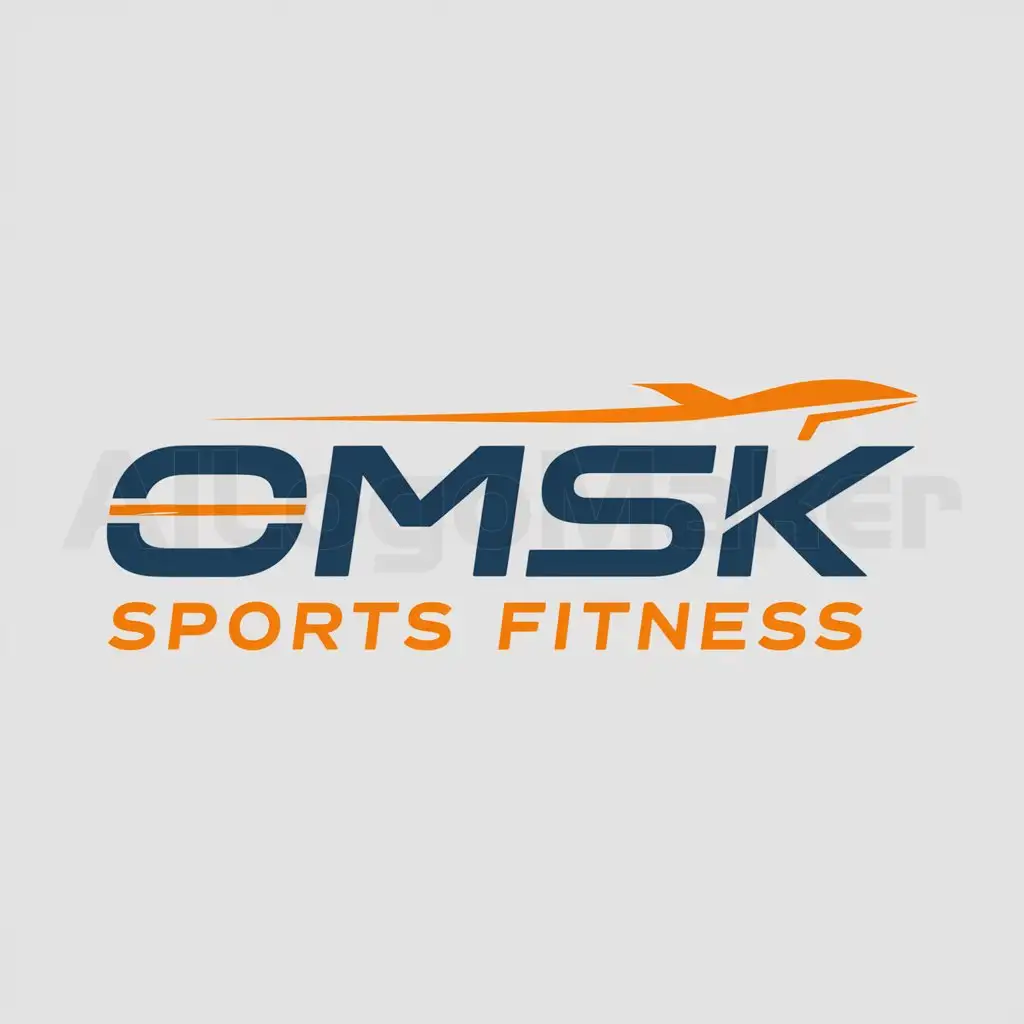 a logo design,with the text "OMSK in blue and orange color", main symbol:airplane,Moderate,be used in Sports Fitness industry,clear background
