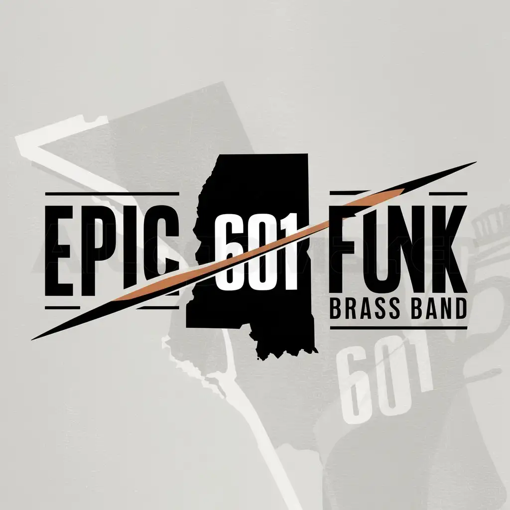 a logo design,with the text "Epic Funk Brass Band slashing through it", main symbol:Big 601 background with the state of Mississippi ,Moderate,be used in music industry,clear background