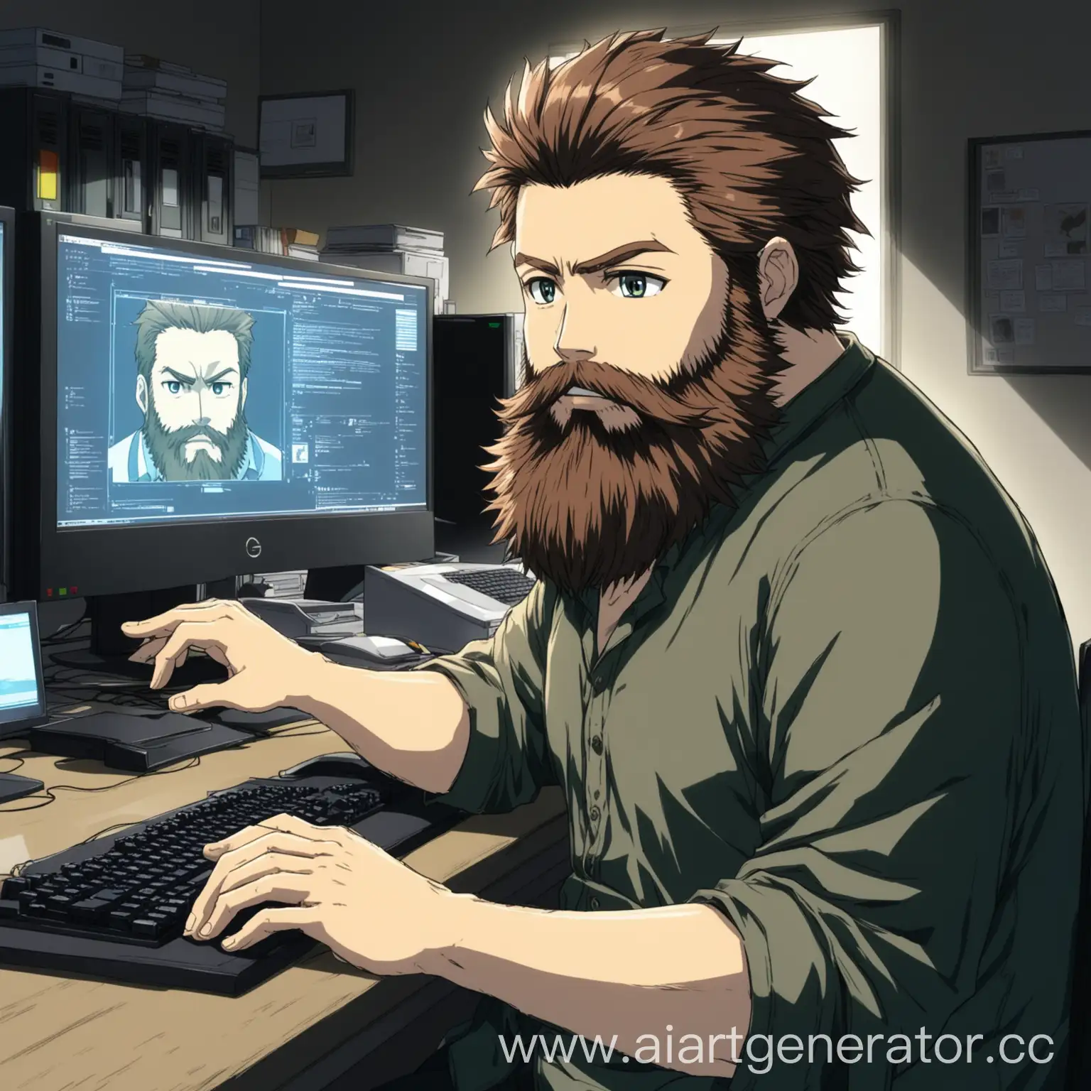 Anime Art of a bearded man at a computer
