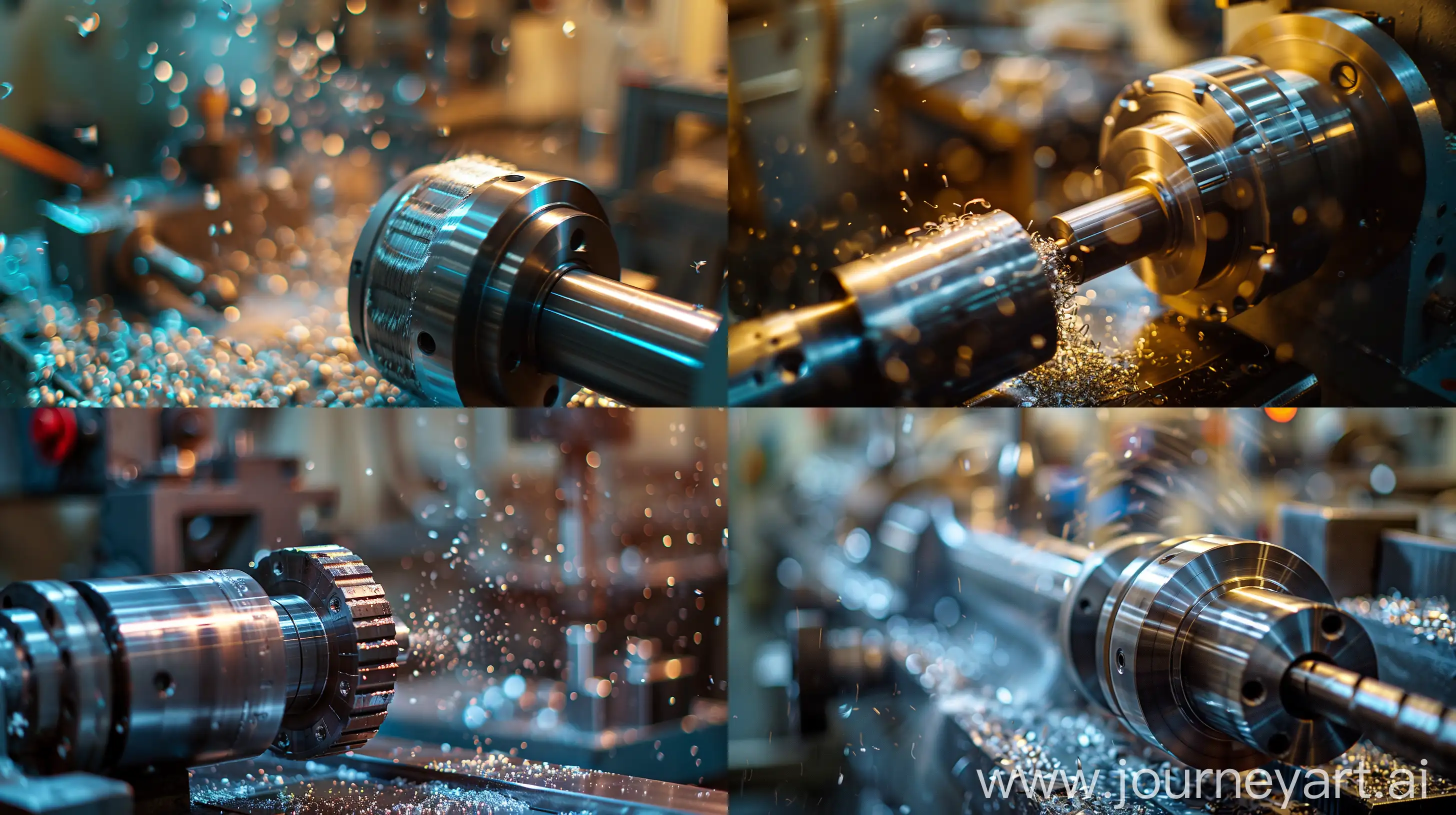 /imagine prompt: A high-definition photograph of a CNC lathe machine turning a piece of aluminum, precision engineering, close-up view, metallic sheen, industrial background with blurred tools and workbenches. Cool, bright lighting highlighting the metal shavings. Created Using: Canon EOS 5D, industrial photography, high shutter speed, bokeh effect, sharp focus, depth of field, vibrant colors, fine details --ar 16:9 --v 6.0