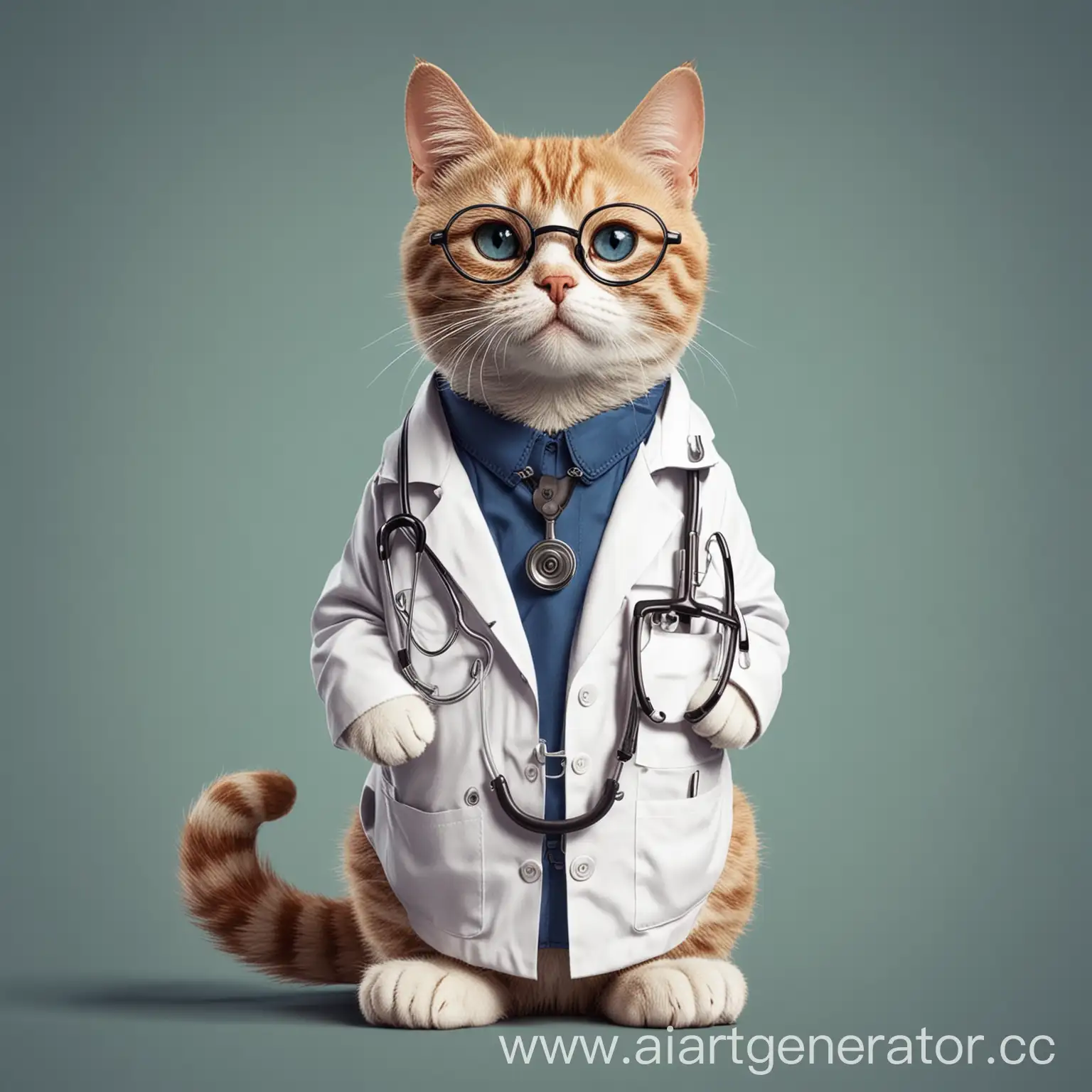 Кошечка-фармацевт на шее висит стетоскоп, очки, стиль мультфильм