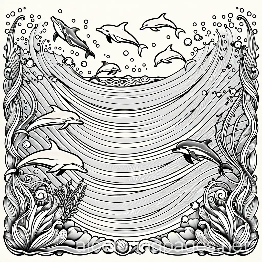 A line drawing for a coloring page featuring various sea creatures. Illustrate fish, dolphins, and other sea animals swimming in the water. Use detailed lines to depict the different creatures and make the page engaging for coloring., Coloring Page, black and white, line art, white background, Simplicity, Ample White Space.