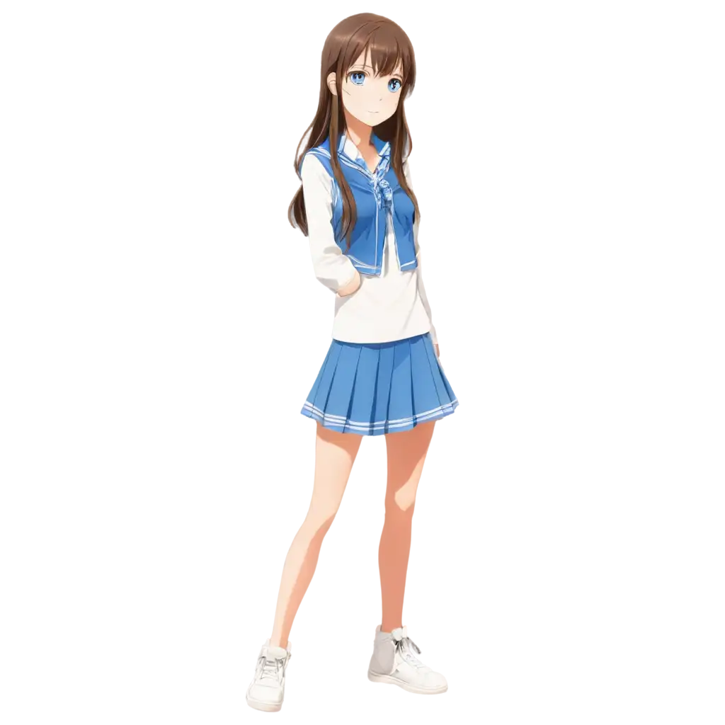 female anime teen with brown hair and blue eyes standing full body