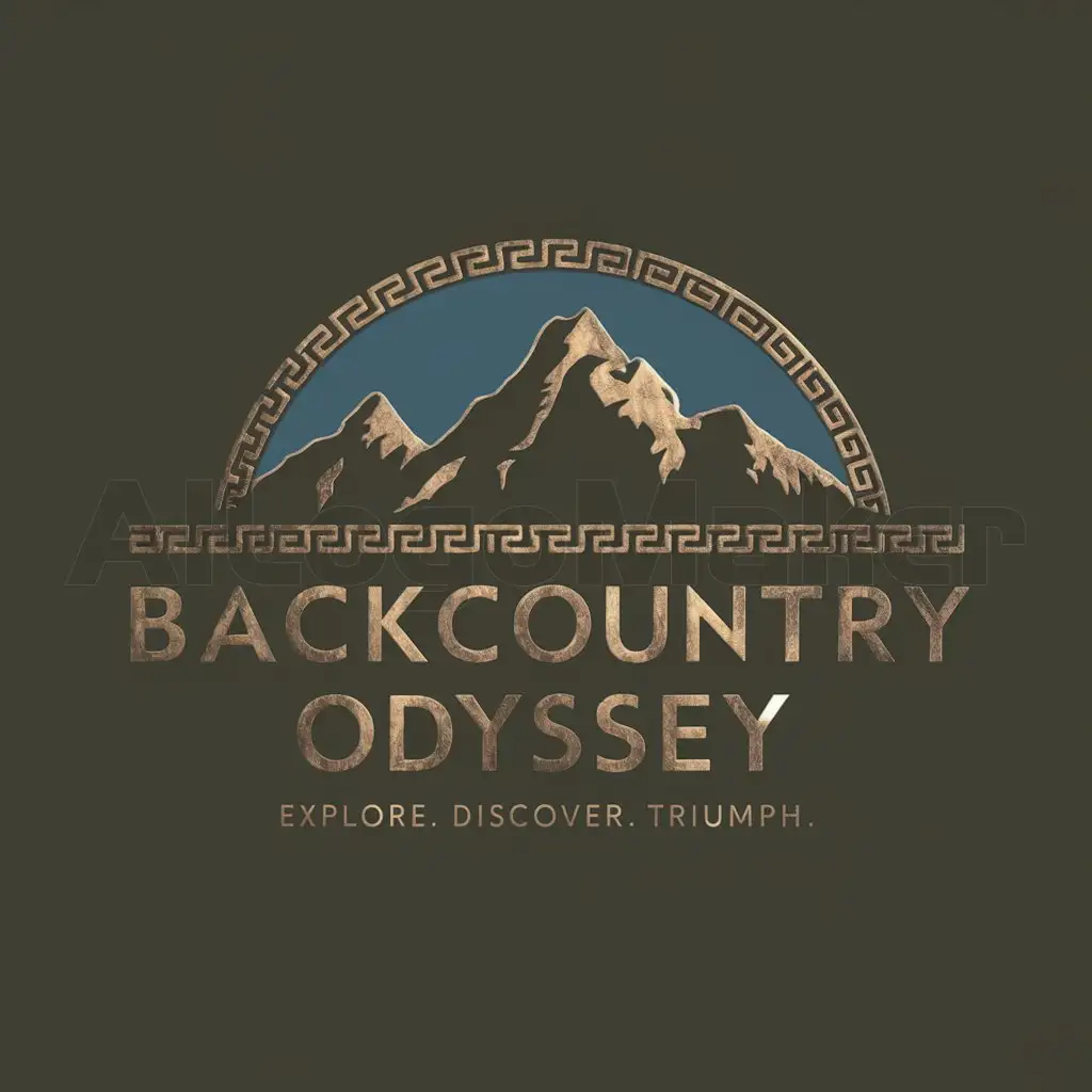 a logo design,with the text "Backcountry Odyssey: Explore. Discover. Triumph.", main symbol:Mountains, Ancient Greek text font, Dark olive drab green and metallic bronze,complex,be used in Recreation industry,clear background