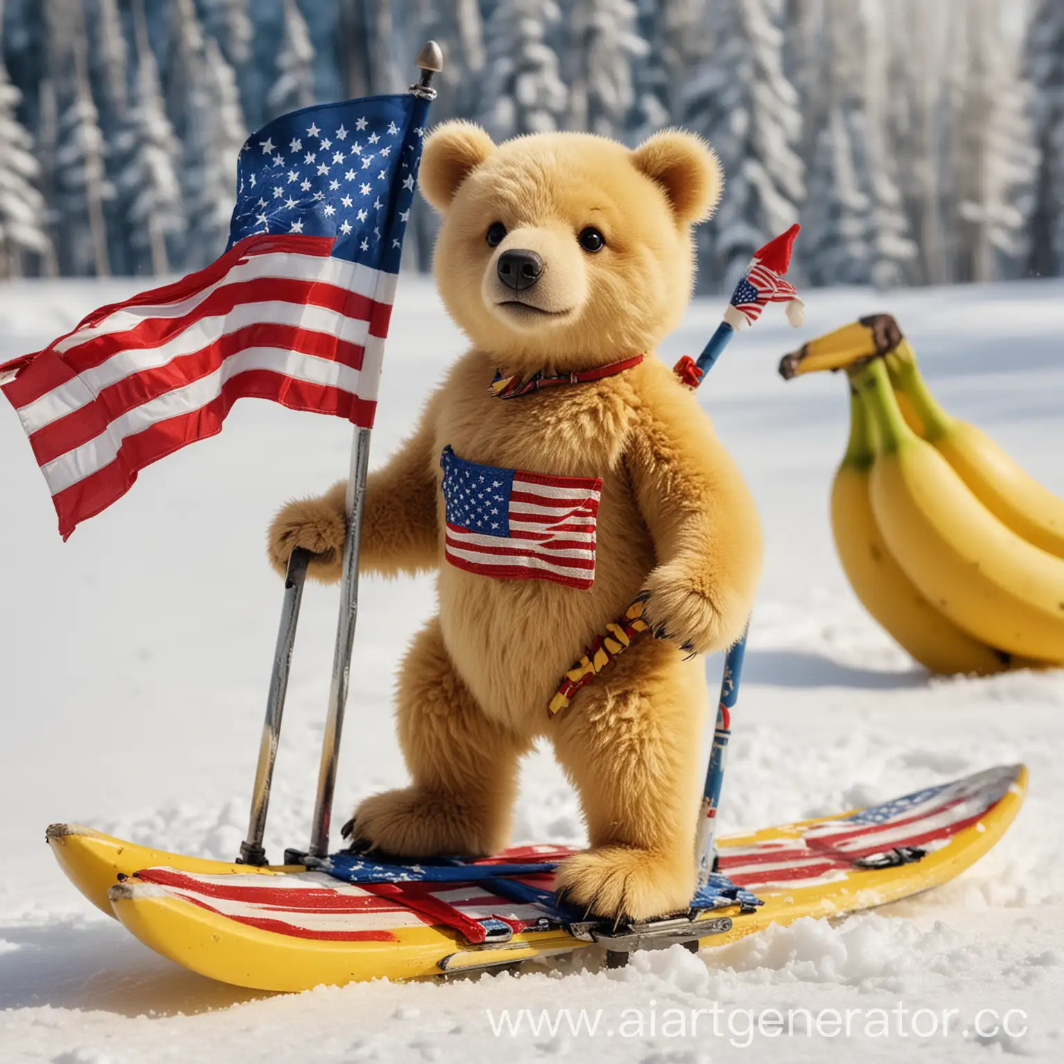 Медведь, желтого цвета, с маленьким носом,  в одной лапе американский флаг, во второй бананы, едет на лыжах.