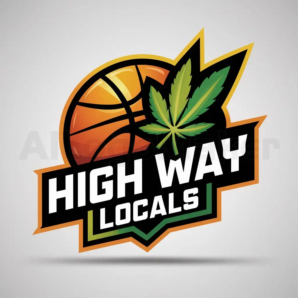 a logo design,with the text "HIGH way LOCALS", main symbol:Basketball colorful unique logo with marijuana,complex,be used in Sports Fitness industry,clear background