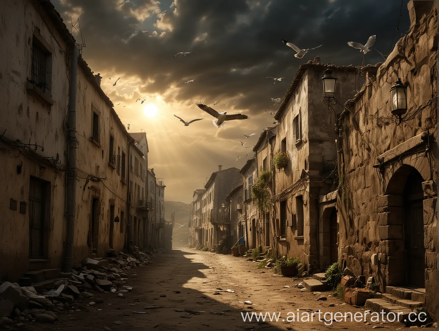 Mystical-Journey-Flying-Seagulls-and-LanternLit-Alleys