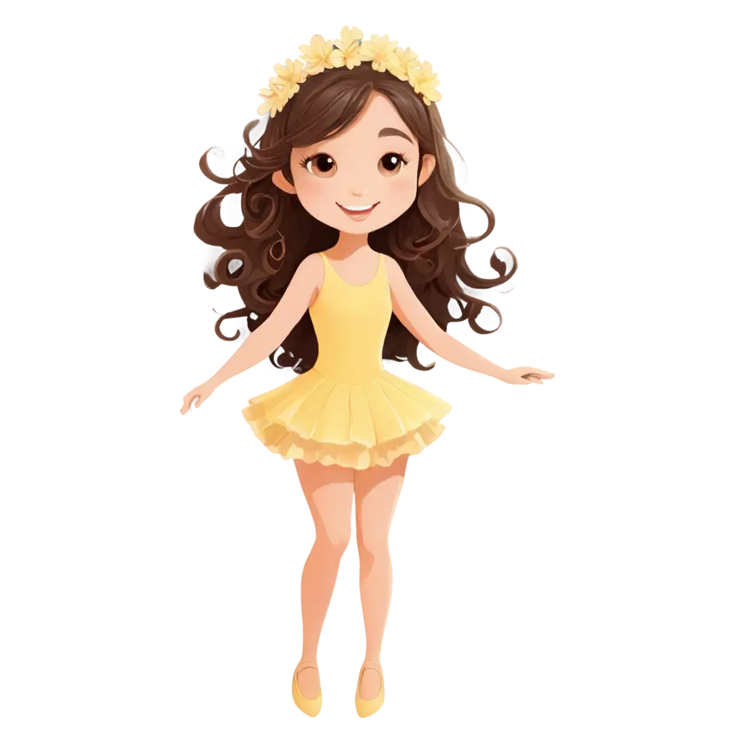 ballerina little cute girl cartoon in pastel yellow color with curly super long hair wearing headband smiling face and fair skin big cute eyes  surrounded by petals
