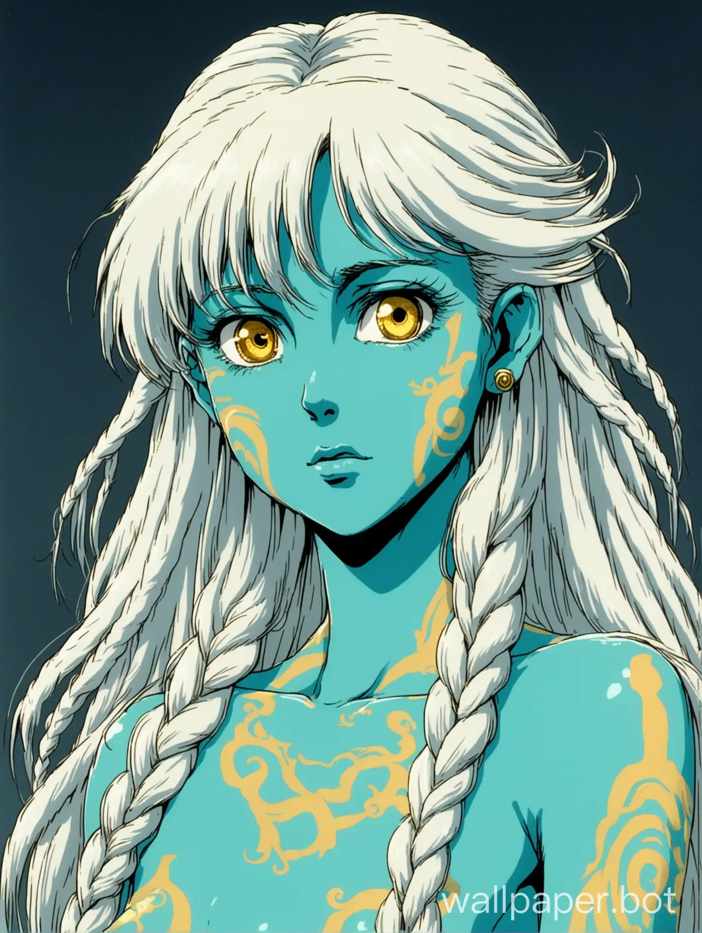 1980s retro anime, portrait of an attractive young woman with cyan skin, she has cyan skin, yellow eyes, she has long messy loosely-braided white hair, small gold tattoos on her cheeks, mature face, sharp thin face, shy and timid, naked, nice breasts, thin waist, midriff, navel, pretty, nonhuman