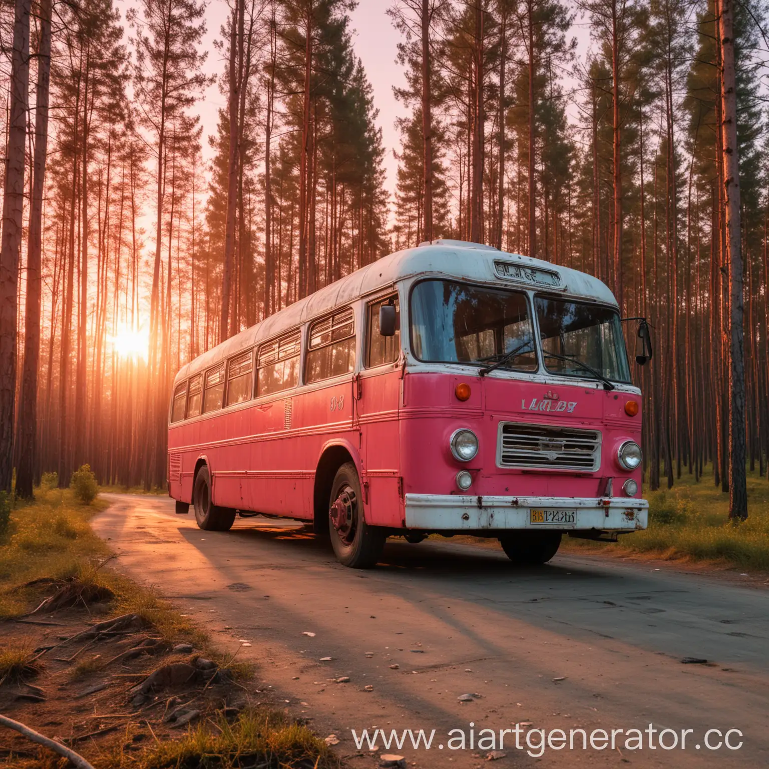 Советский автобус ЛАЗ-695, автобус на бетонной площадке в сосновом лесу, красный автобус, солнечные розовые лучи закатного солнца, HQ