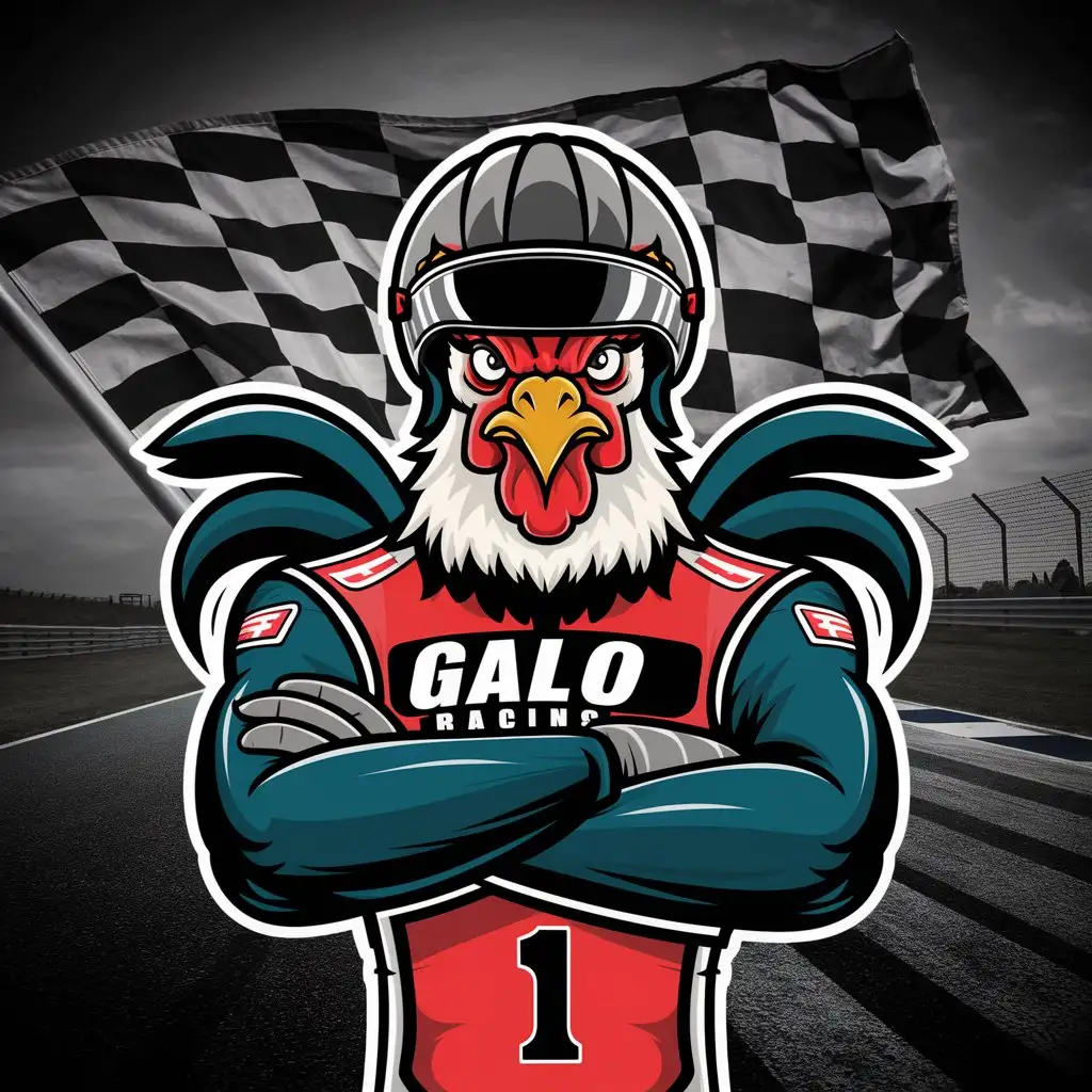 A rooster with a helmet and racing outfit with his arms crossed with a racing theme to be used as an emblem for a car racing team. Include text "Galo Racing"