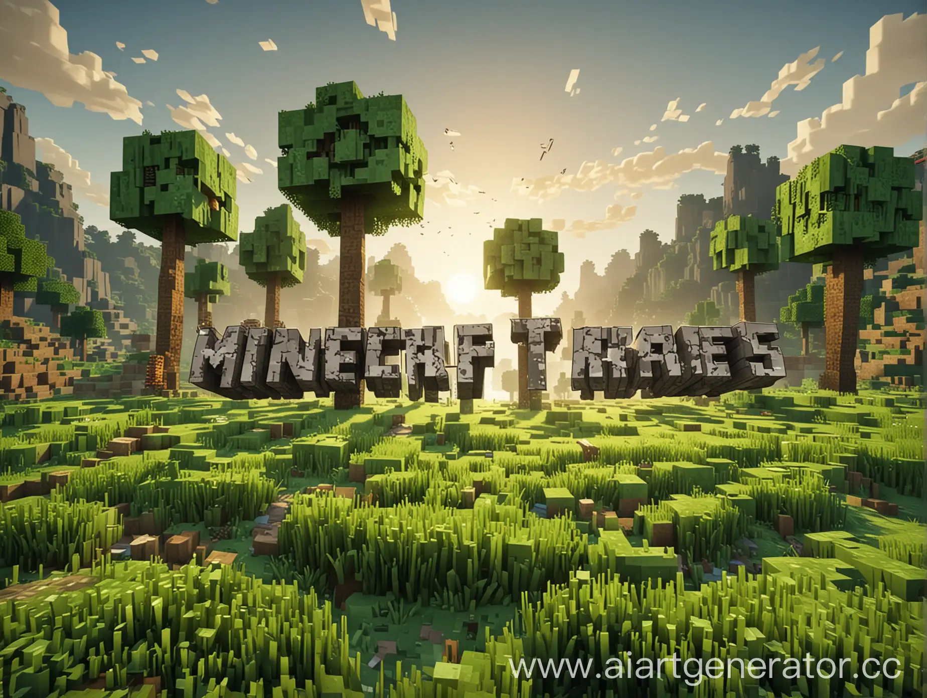 Minecraft-Logo-amidst-Serene-Grassland-and-Towering-Trees