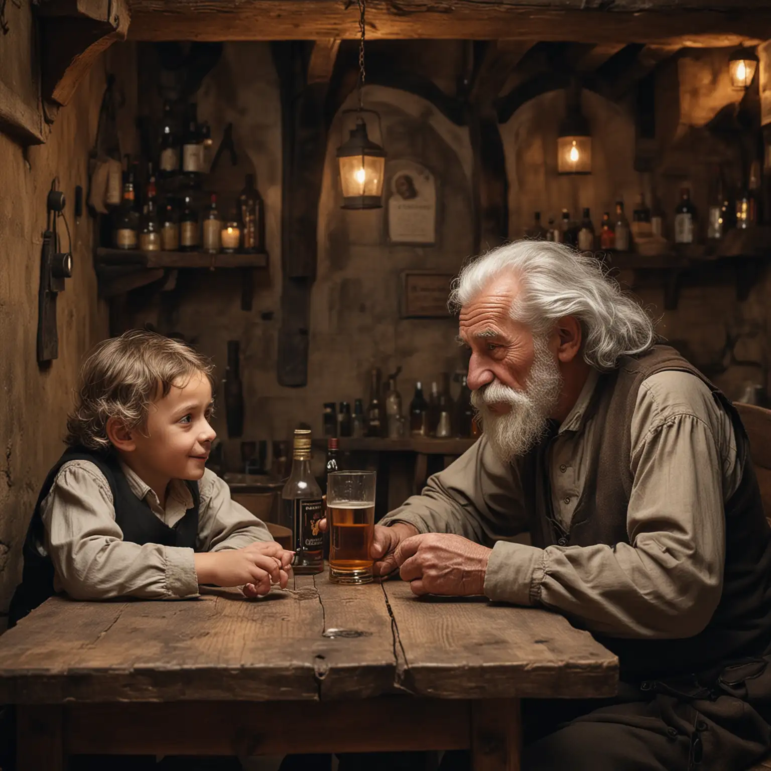 Ein alter Mann mit einer Frisur wie Albert Einstein und langem, grauen Bart, sitzt in einer mittelalterlichen Taverne an einem Tisch in der Ecke und trinkt Rum. Neben ihm sitzt ein kleiner Junge. 